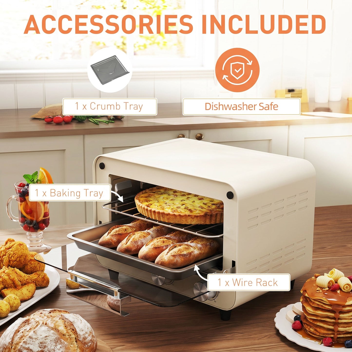 Small Toaster Oven, 12L Multifunction Mini Countertop Oven with Glass Door, Adjustable Temperature, Timer, Wire Rack & Baking Tray, 750W, Cream White