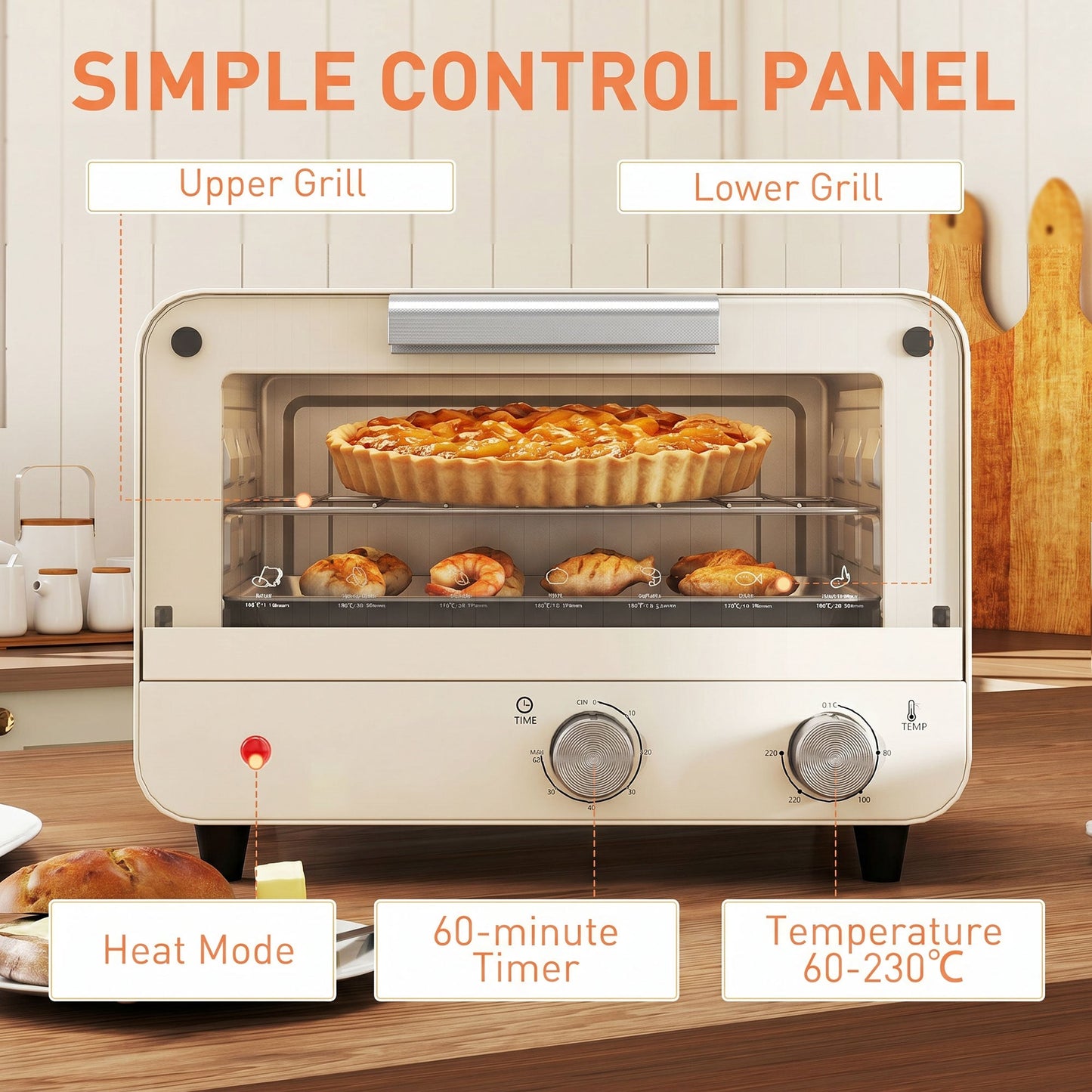 Small Toaster Oven, 12L Multifunction Mini Countertop Oven with Glass Door, Adjustable Temperature, Timer, Wire Rack & Baking Tray, 750W, Cream White