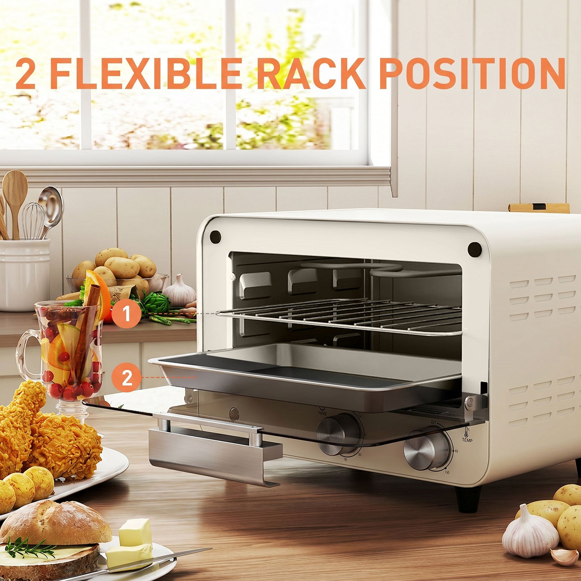 Small Toaster Oven, 12L Multifunction Mini Countertop Oven with Glass Door, Adjustable Temperature, Timer, Wire Rack & Baking Tray, 750W, Cream White