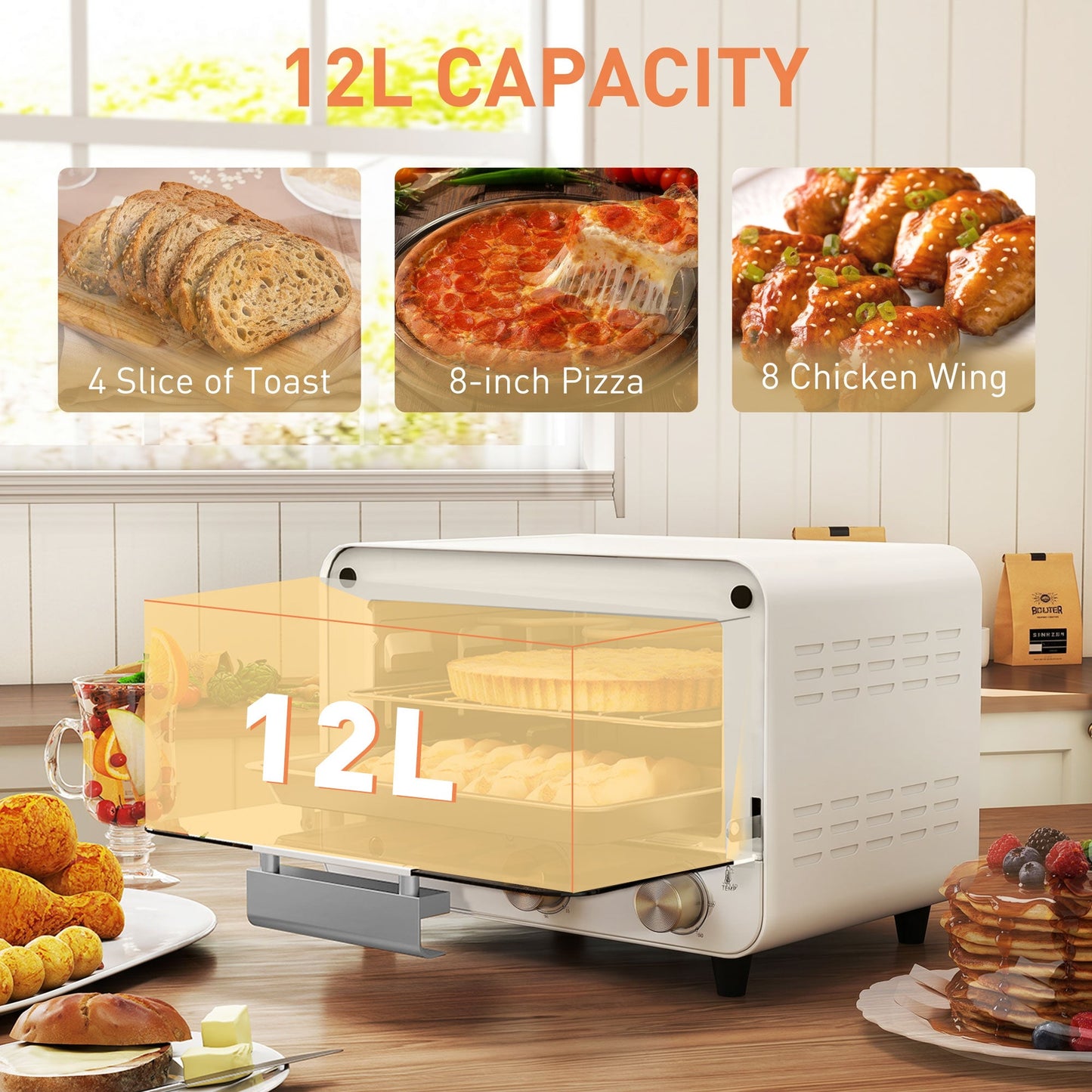 Small Toaster Oven, 12L Multifunction Mini Countertop Oven with Glass Door, Adjustable Temperature, Timer, Wire Rack & Baking Tray, 750W, Cream White