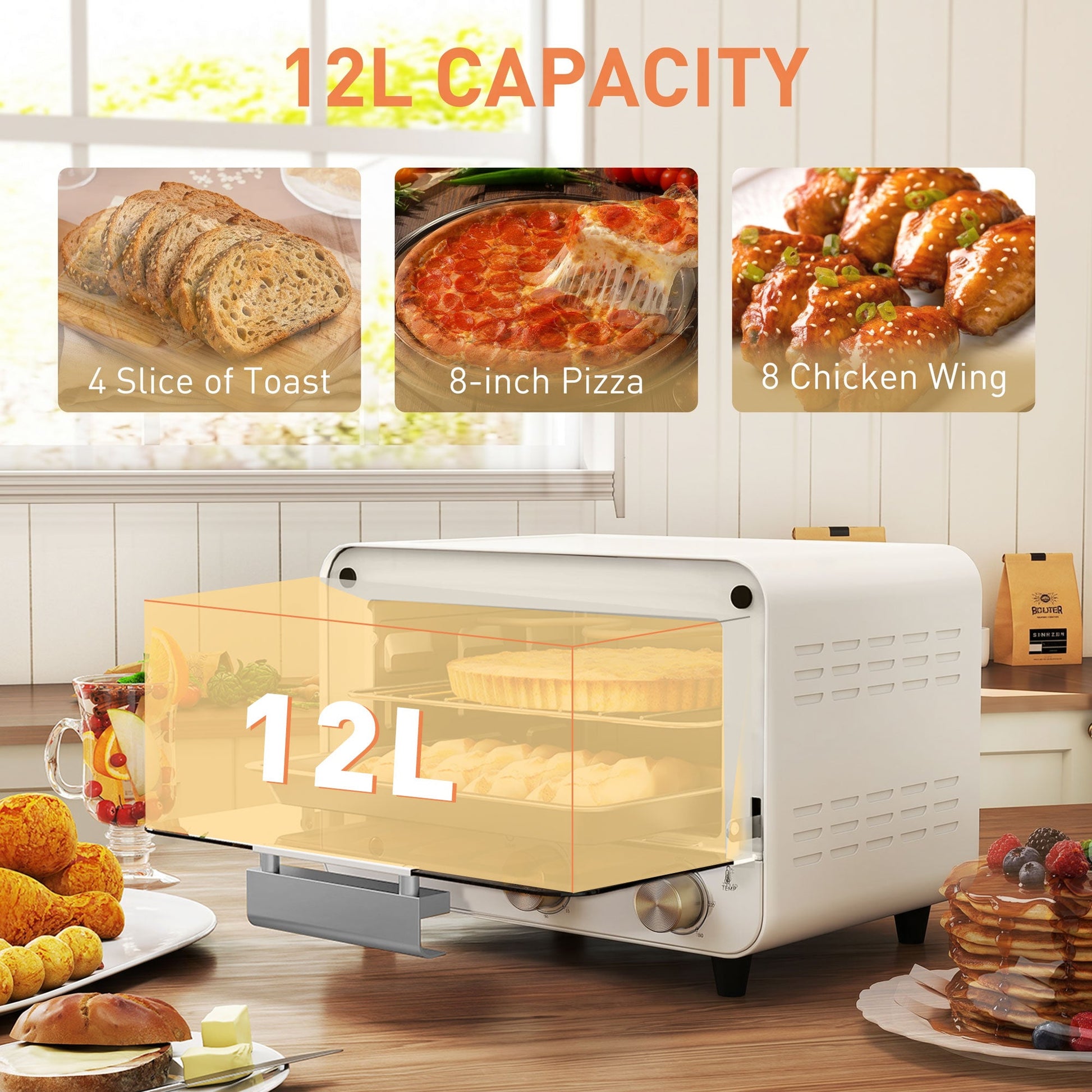 Small Toaster Oven, 12L Multifunction Mini Countertop Oven with Glass Door, Adjustable Temperature, Timer, Wire Rack & Baking Tray, 750W, Cream White