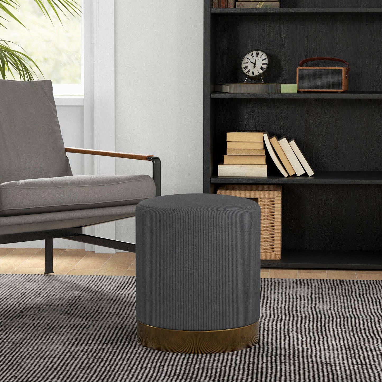 HOMCOM Modern Round Footstool, Corduroy Fabric Upholstered Foot Stool with Padded Seat for Living Room, Entryway, Charcoal Grey
