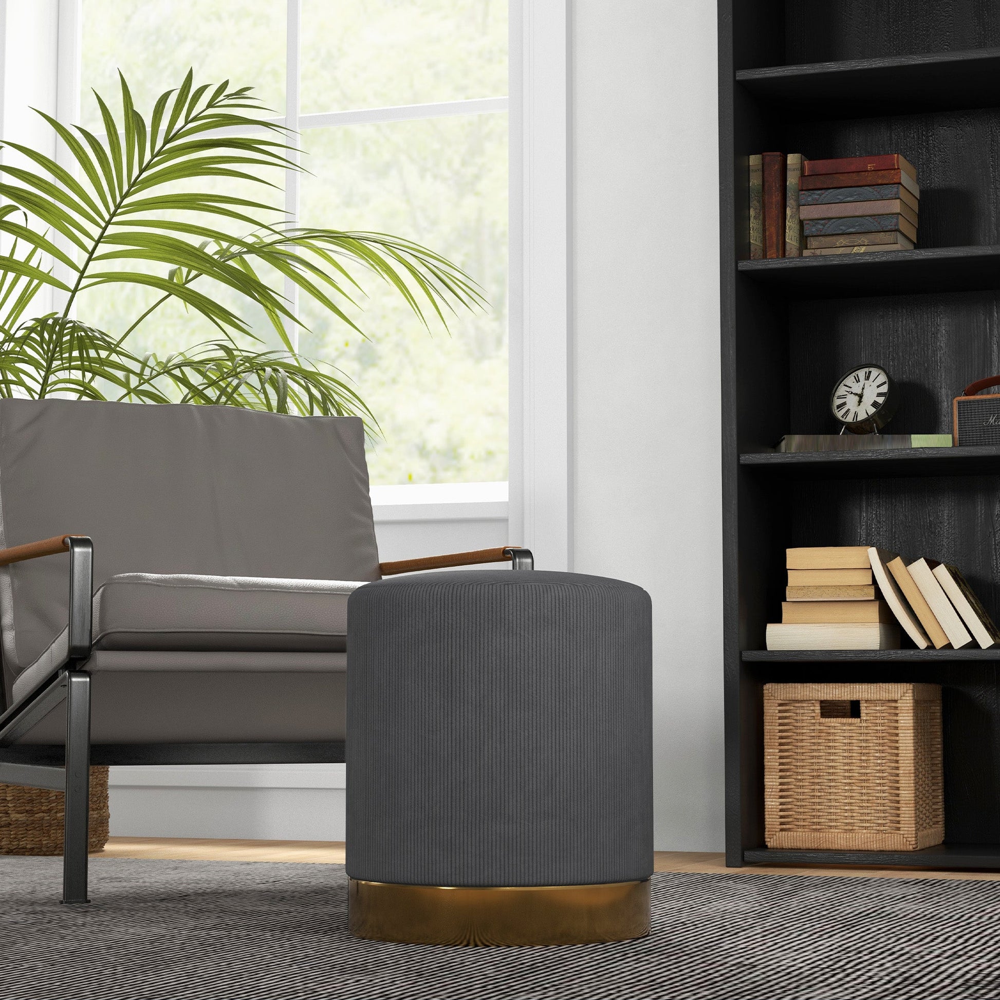HOMCOM Modern Round Footstool, Corduroy Fabric Upholstered Foot Stool with Padded Seat for Living Room, Entryway, Charcoal Grey