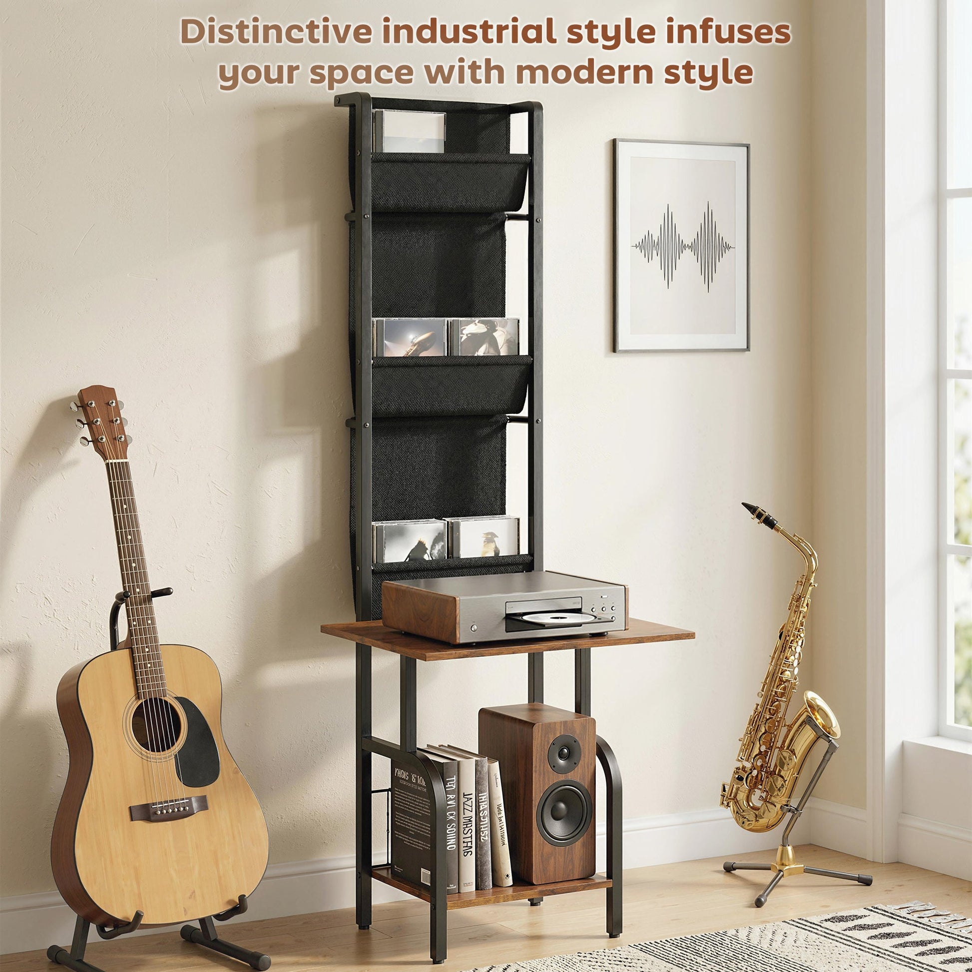 Vinyl Record Storage with Player Stand, Turntable Stand and Display Shelf, CD Storage Unit for Up to 40 CDs, Record Player Table for Living Room or Bedroom, Rustic Brown and Black