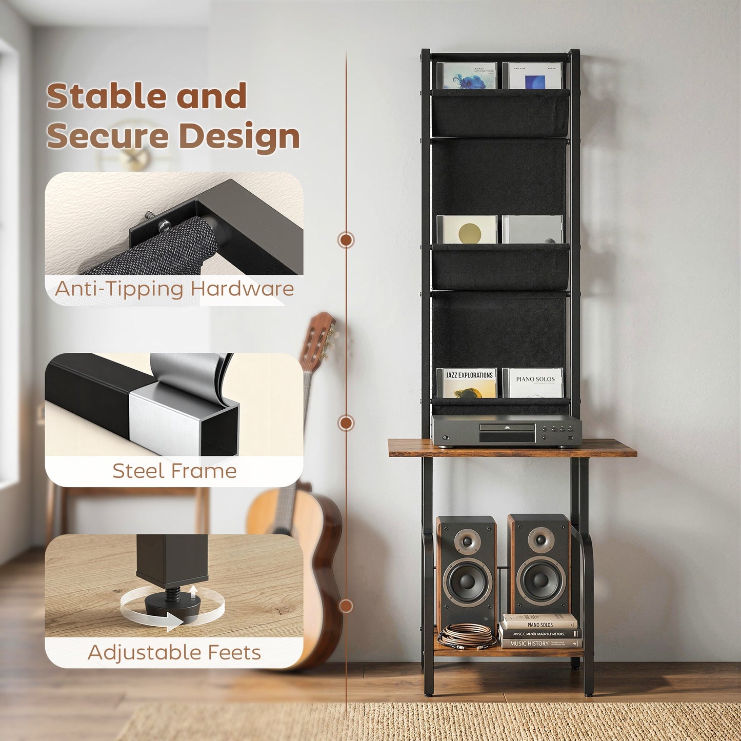 Vinyl Record Storage with Player Stand, Turntable Stand and Display Shelf, CD Storage Unit for Up to 40 CDs, Record Player Table for Living Room or Bedroom, Rustic Brown and Black