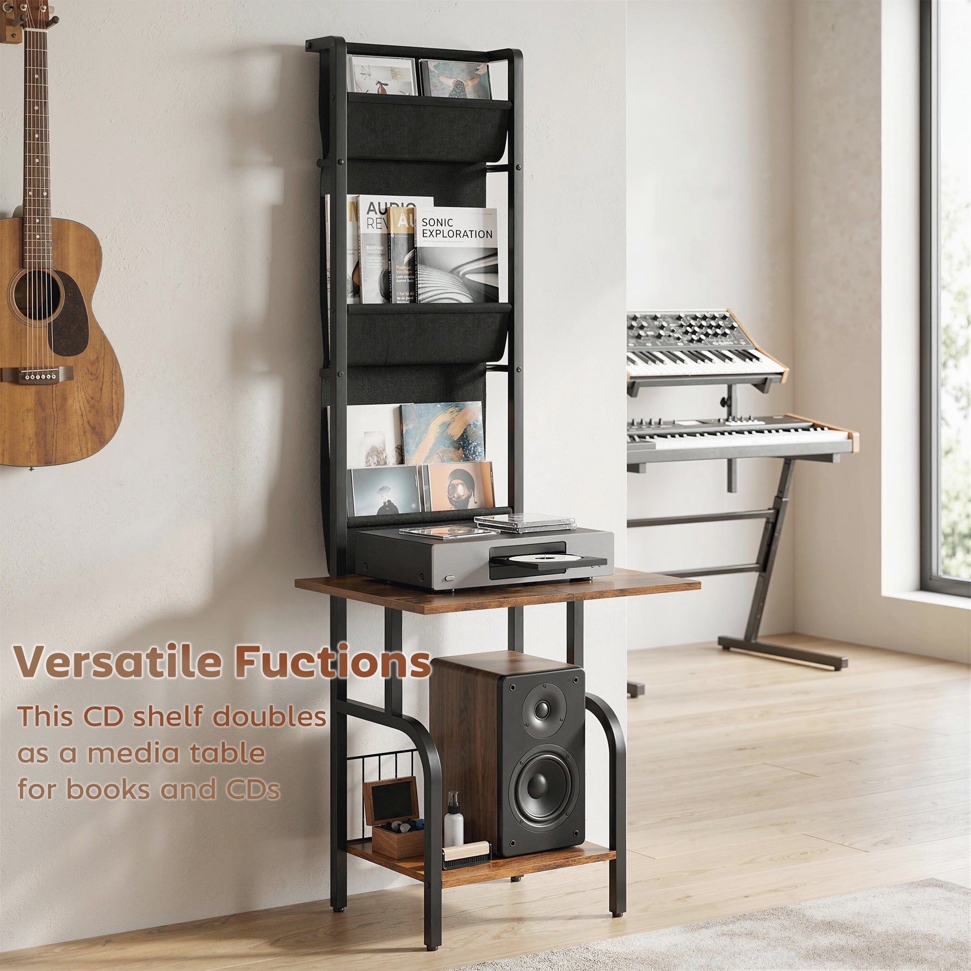 Vinyl Record Storage with Player Stand, Turntable Stand and Display Shelf, CD Storage Unit for Up to 40 CDs, Record Player Table for Living Room or Bedroom, Rustic Brown and Black