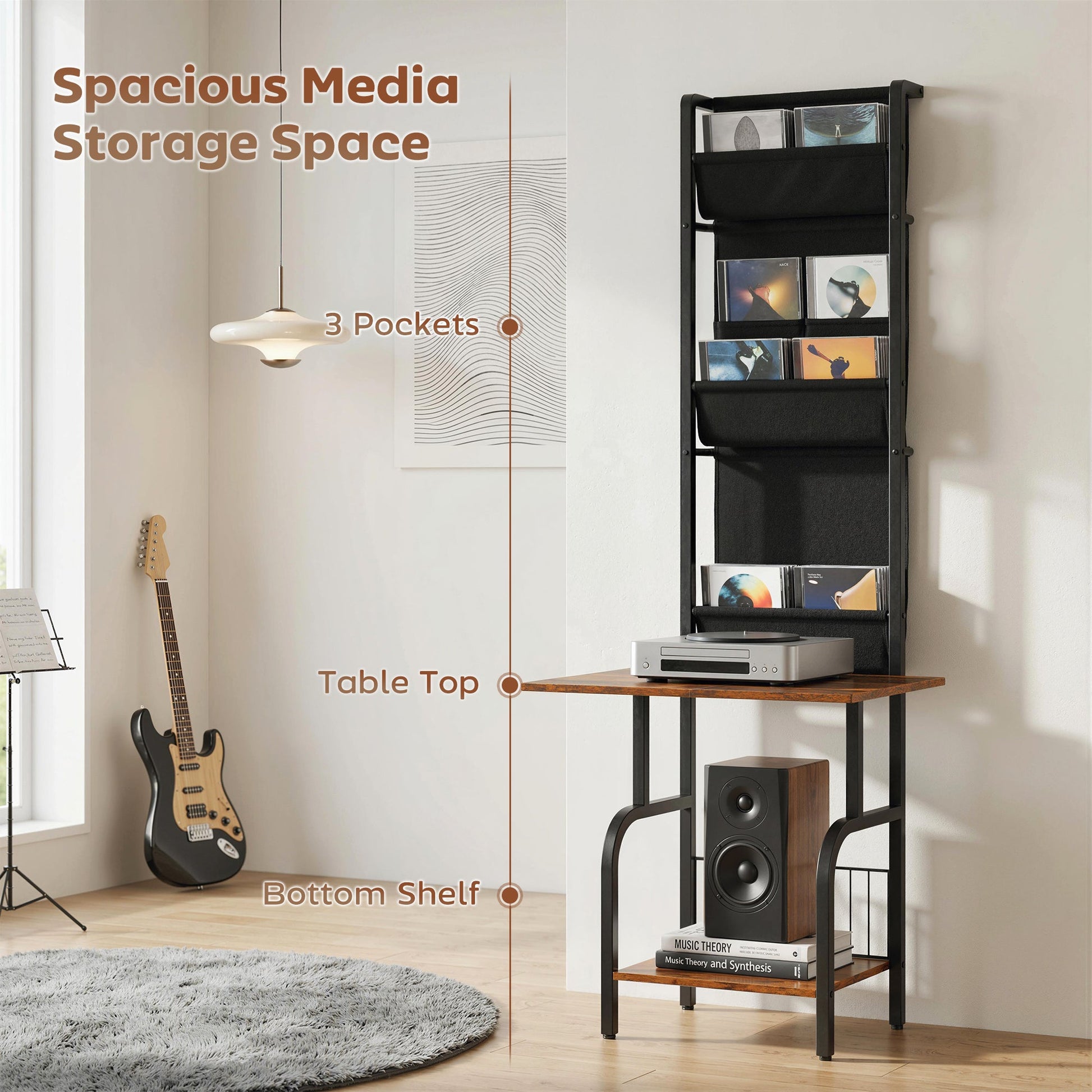 Vinyl Record Storage with Player Stand, Turntable Stand and Display Shelf, CD Storage Unit for Up to 40 CDs, Record Player Table for Living Room or Bedroom, Rustic Brown and Black