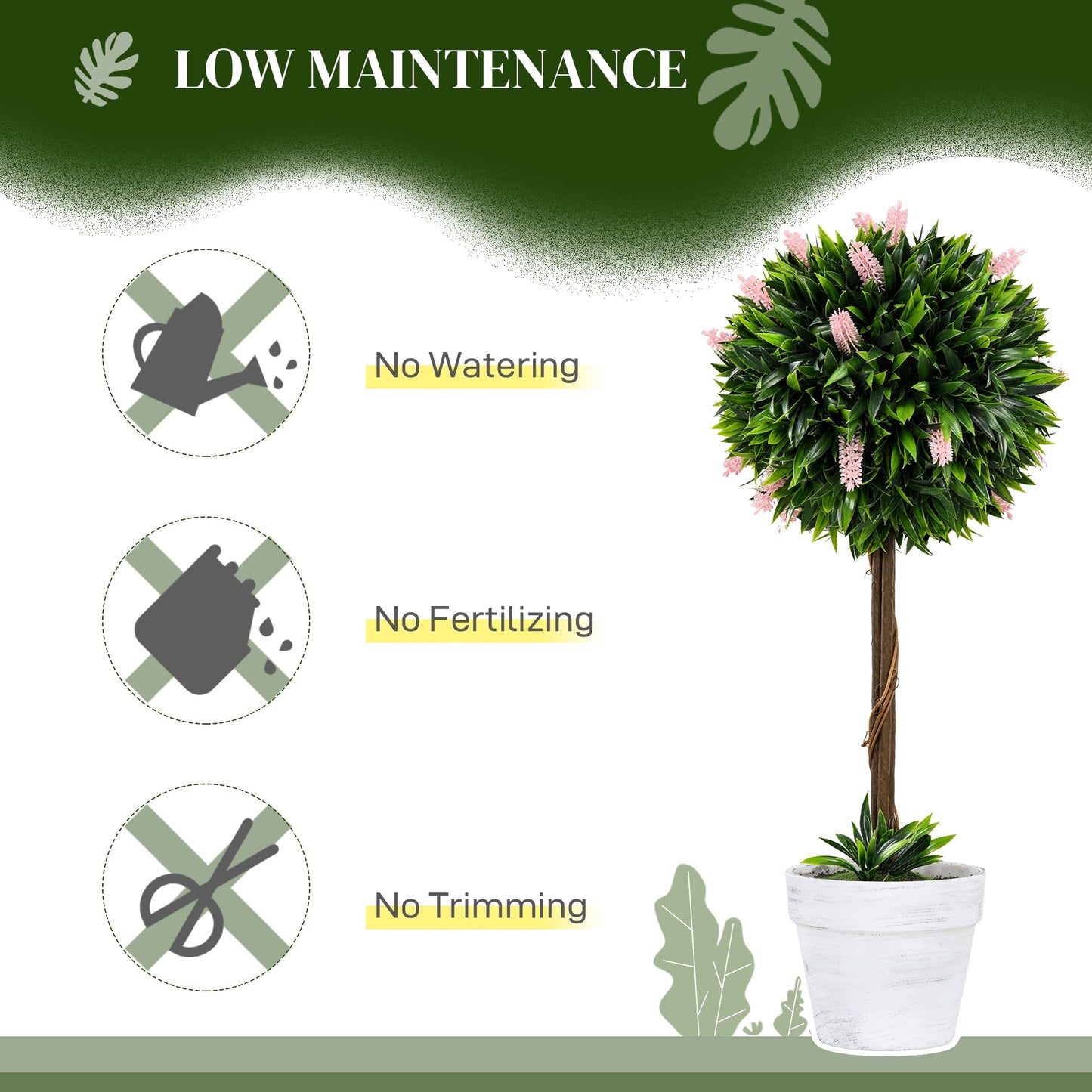 HOMCOM Set of 2 Decorative Artificial Plants Ball Trees with Lavender Flowers in Pot Fake Plants for Home Indoor Outdoor Decor, 60cm, Pink