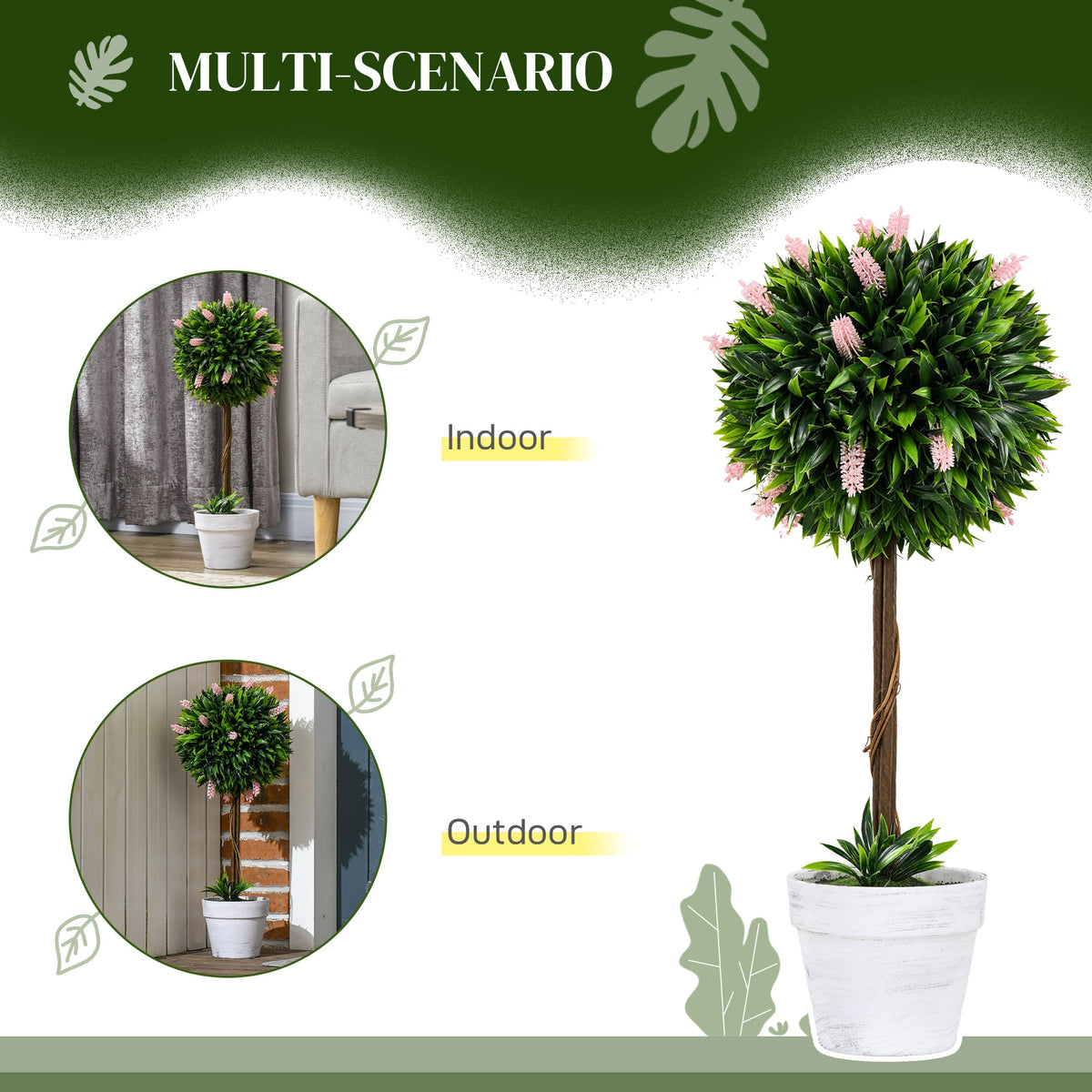 HOMCOM Set of 2 Decorative Artificial Plants Ball Trees with Lavender Flowers in Pot Fake Plants for Home Indoor Outdoor Decor, 60cm, Pink