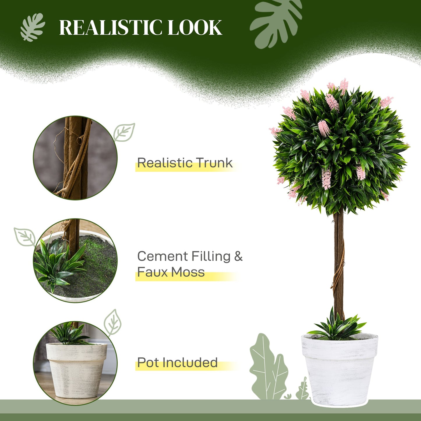 HOMCOM Set of 2 Decorative Artificial Plants Ball Trees with Lavender Flowers in Pot Fake Plants for Home Indoor Outdoor Decor, 60cm, Pink