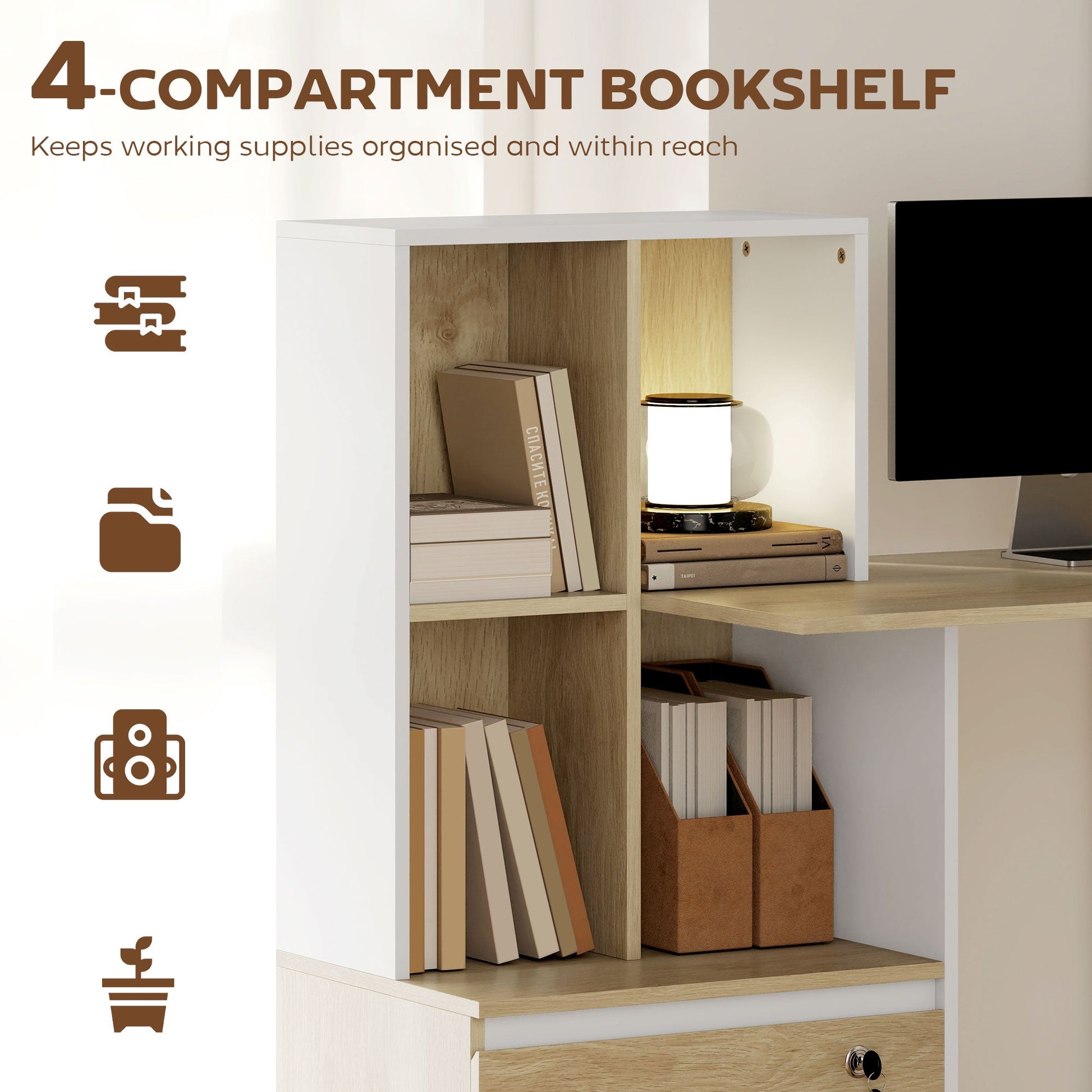 126 cm Computer Desk, Home Office Desk with Bookshelf and Lockable Drawer, Adjustable Hanging Rails for A4 and Letter Size Files, Small Writing Table for Bedroom, Study Room, Oak Wood Effect
