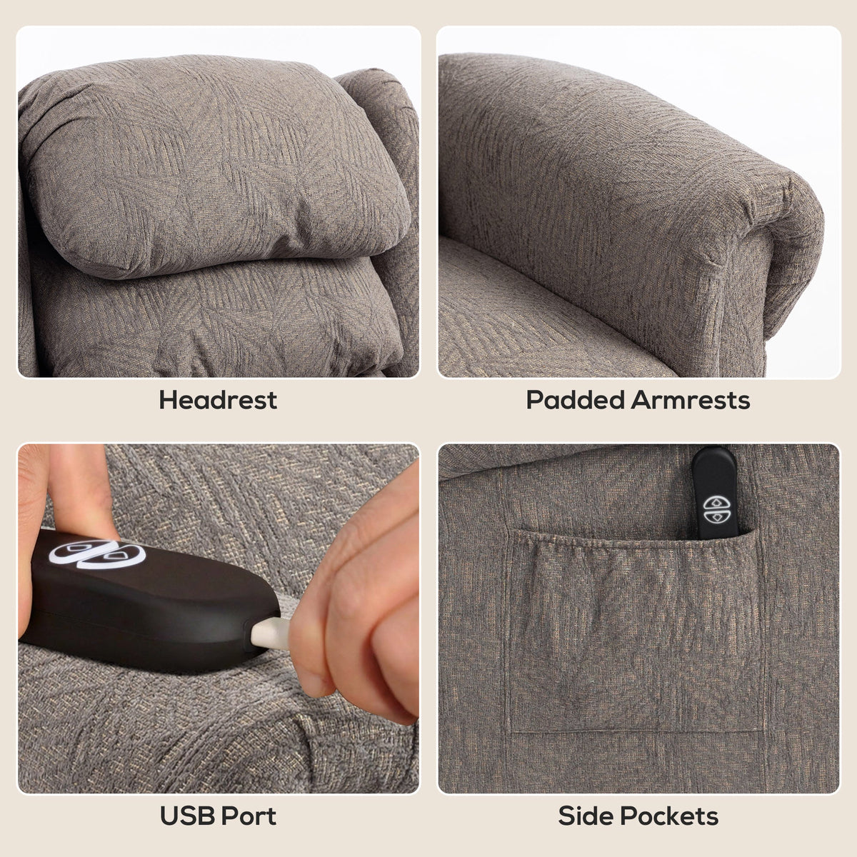 Power Lift Recliner Chair for Elderly, Velvet-Feel Electric Riser and Recliner Armchair for Living Room with USB Charging Port, Remote Control, 2 Side Pockets, Thick Padded Back, Dark Grey