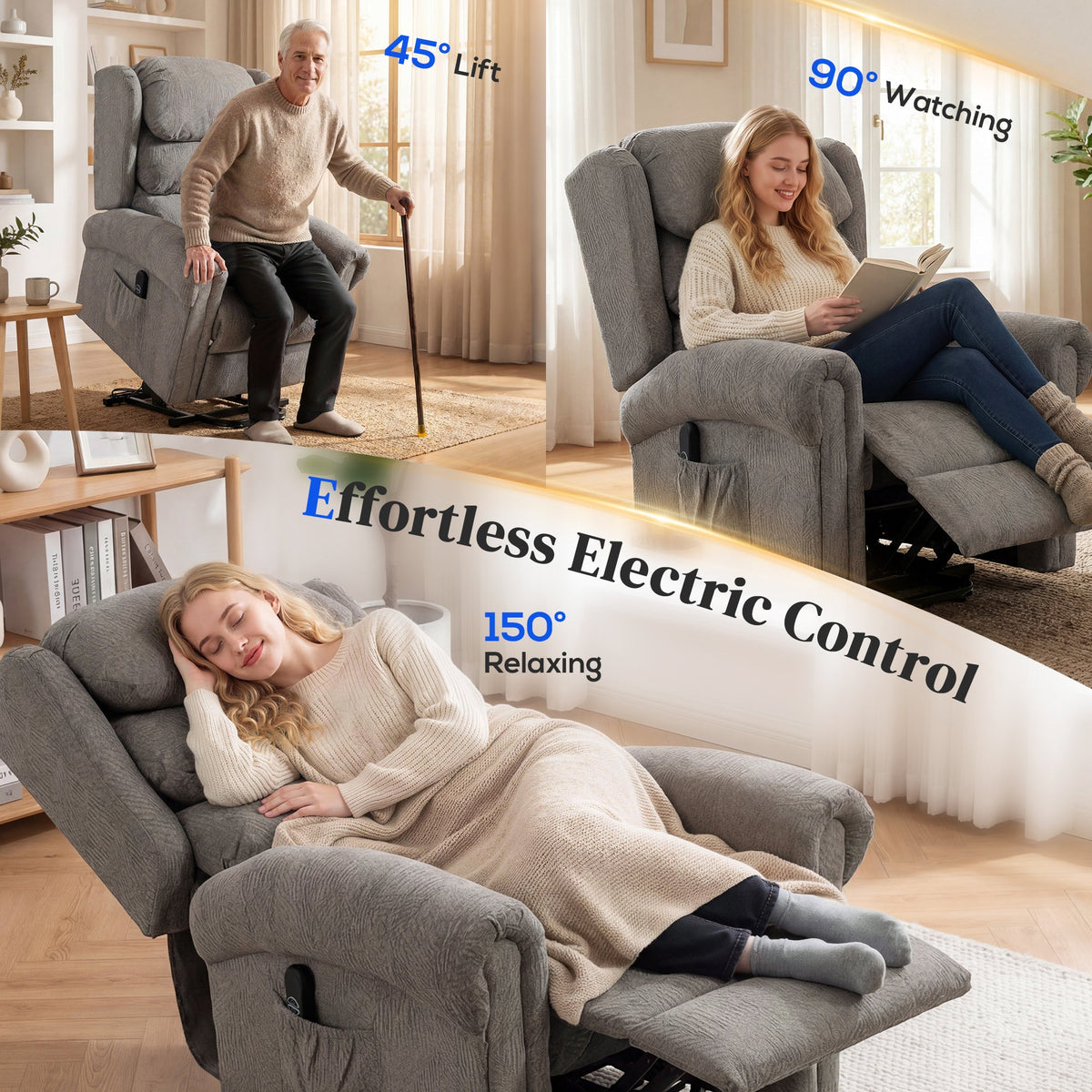 Power Lift Recliner Chair for Elderly, Velvet-Feel Electric Riser and Recliner Armchair for Living Room with USB Charging Port, Remote Control, 2 Side Pockets, Thick Padded Back, Dark Grey