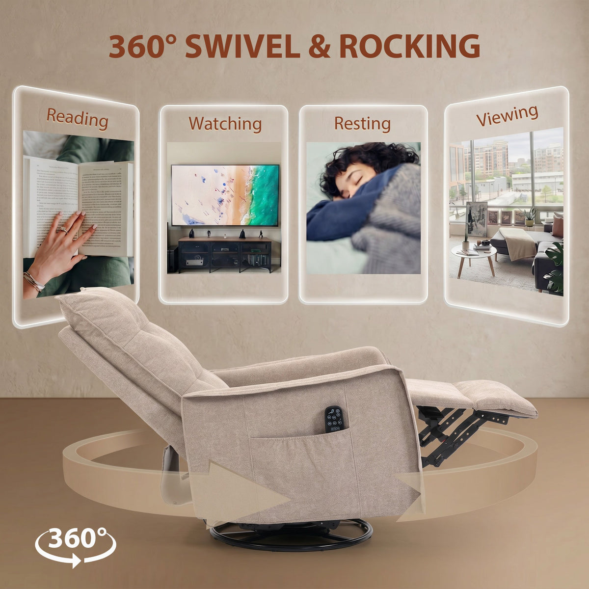 Recliner Armchair, Chenille Recliner Chair with Massage and Heat, 360° Swivel Rocking Manual Reclining Chair with Side Pockets for Living Room, Brown