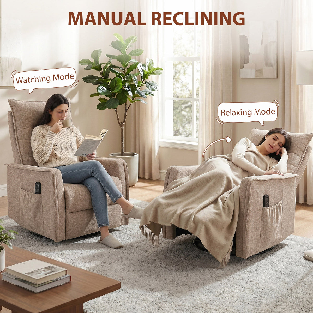 Recliner Armchair, Chenille Recliner Chair with Massage and Heat, 360° Swivel Rocking Manual Reclining Chair with Side Pockets for Living Room, Brown