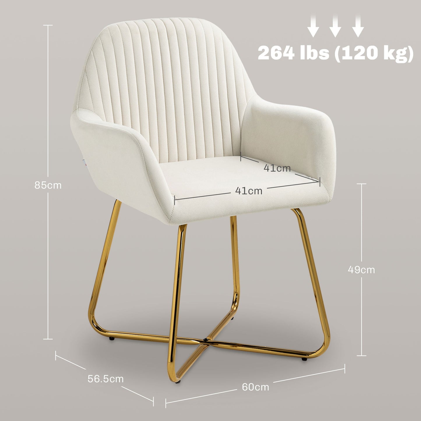 HOMCOM Modern Accent Chair, Velvet-Touch Fabric Upholstered Armchair with Metal Base for Living Room, Bedroom and Dinning Room, Cream White