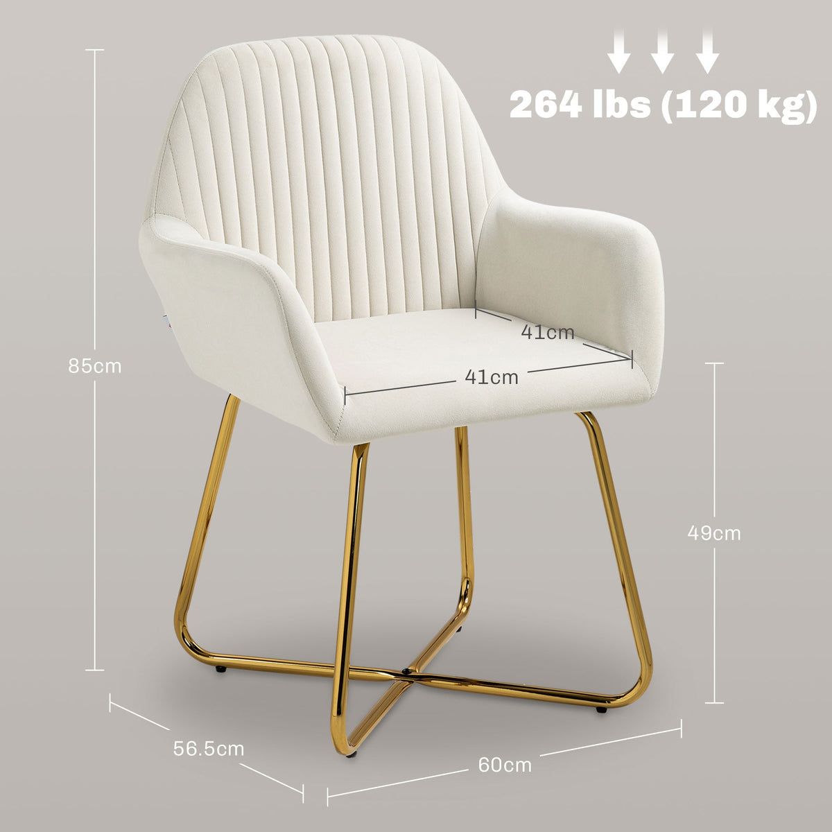HOMCOM Modern Accent Chair, Velvet-Touch Fabric Upholstered Armchair with Metal Base for Living Room, Bedroom and Dinning Room, Cream White