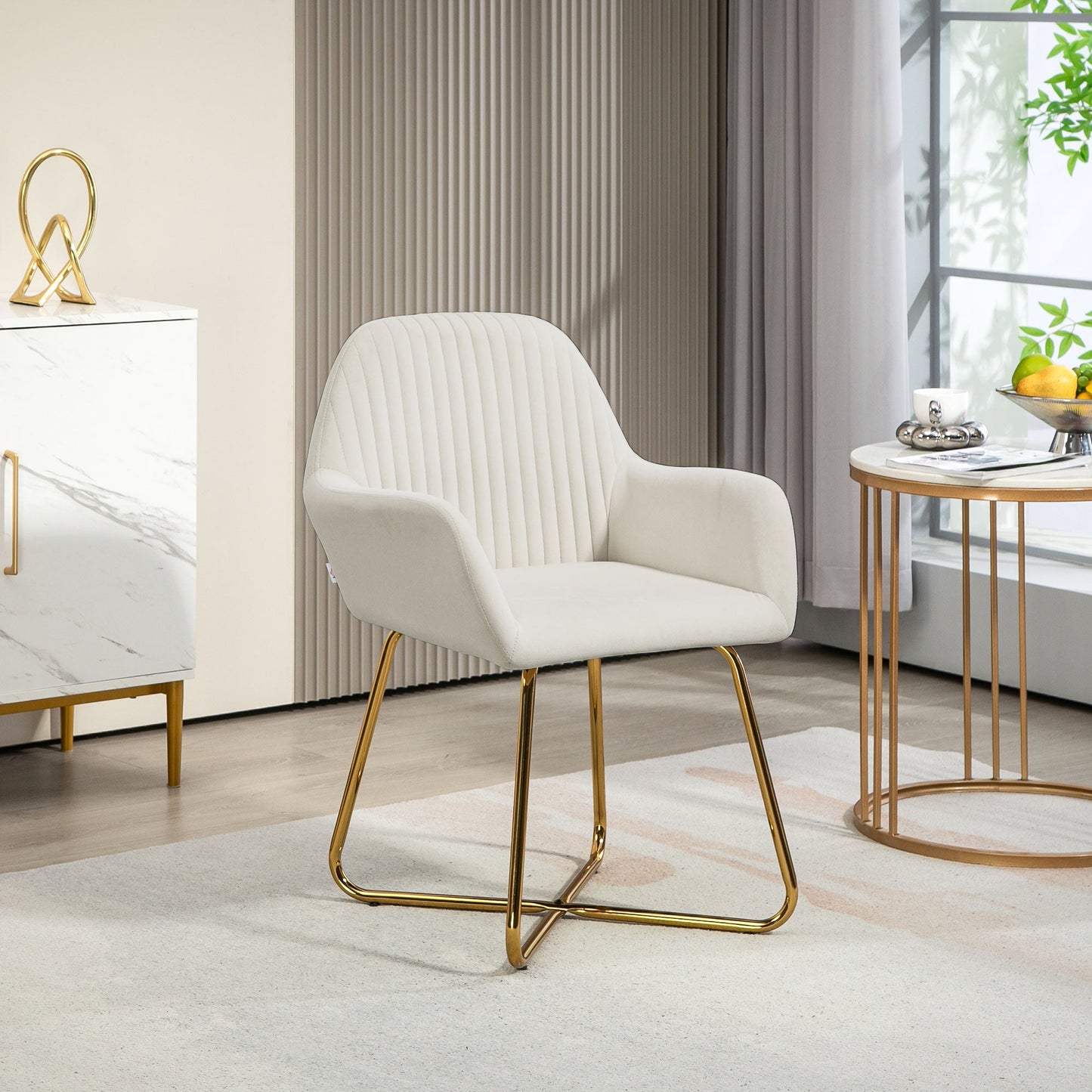 HOMCOM Modern Accent Chair, Velvet-Touch Fabric Upholstered Armchair with Metal Base for Living Room, Bedroom and Dinning Room, Cream White