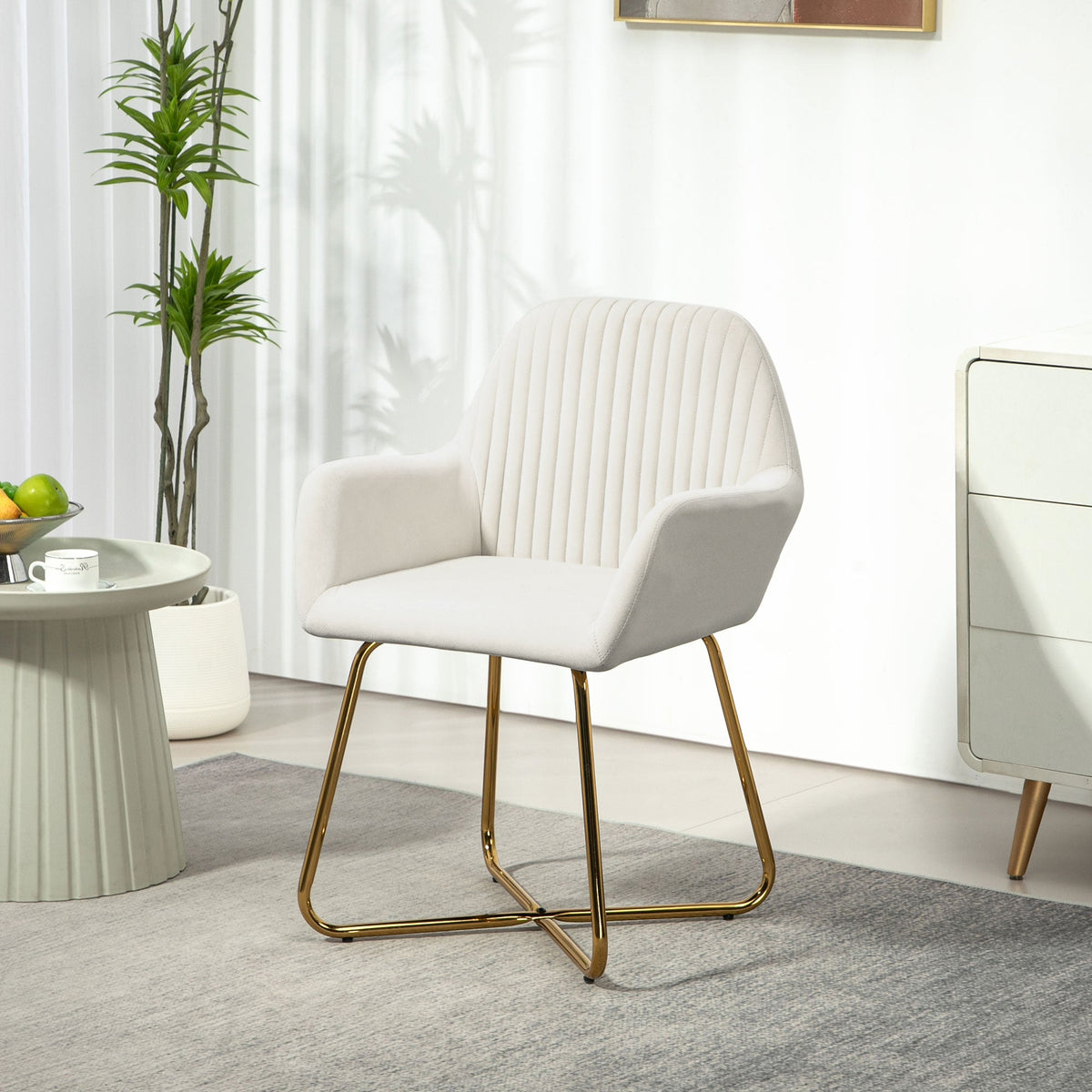 HOMCOM Modern Accent Chair, Velvet-Touch Fabric Upholstered Armchair with Metal Base for Living Room, Bedroom and Dinning Room, Cream White