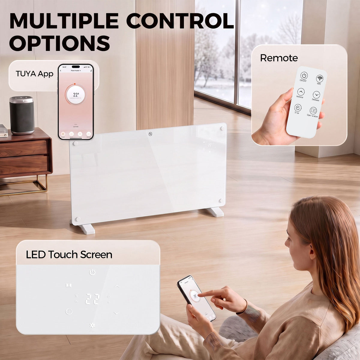 1500W Smart Glass Panel Heater Wall Mounted & Freestanding, Wifi Enabled, Works With Alexa & Google Home, Electric Heater with Weekly Timer, Open Window & Anti-Frost Mode, Thermostat, White