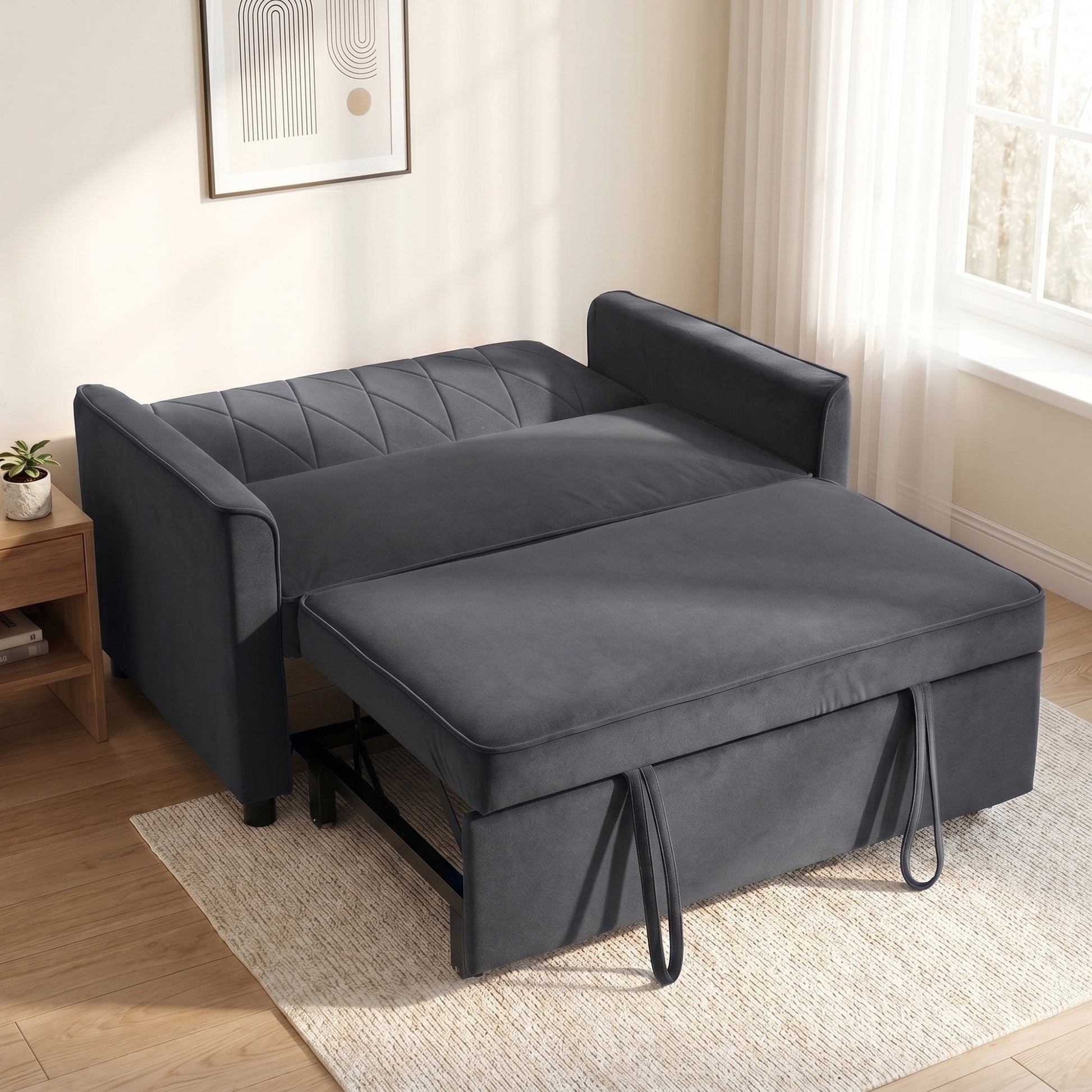2 Seater Sofa Bed, 3-in-1 Convertible Pull Out Sleeper Sofa, Velvet Loveseat Bed Settee with Clik-Clack Adjustable Backrest, High-Density Foam for Living Room, Bedroom, Guest Room, Dark Grey