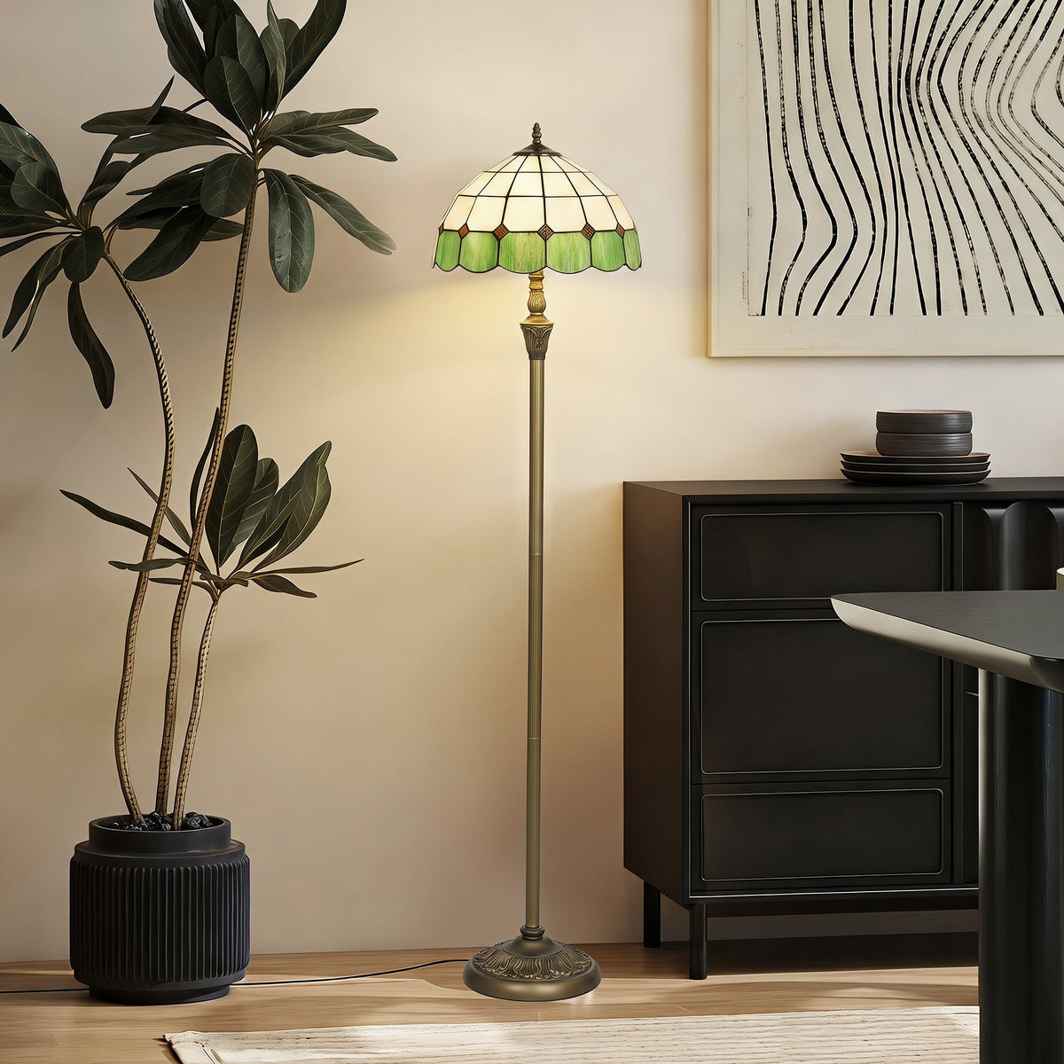 Tiffany-Style Floor Lamp with Handcrafted Stained Glass Shade, 152cm Tall Vintage Standing Lamp with Foot Switch and Dual Sockets for Living Room, Bedroom, Bronze Tone and Green
