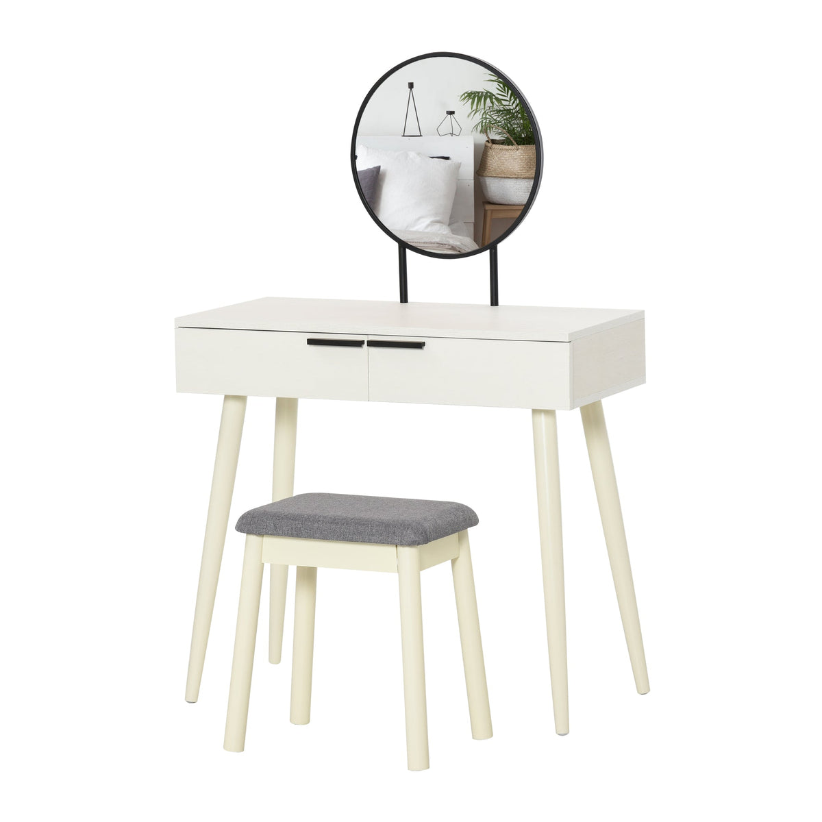 HOMCOM Dressing Table with Mirror and Stool, Vanity Makeup Desk Set with 2 Drawers, Cushioned Stool and Make-up Organizer for Bedroom and Dressing Room, White