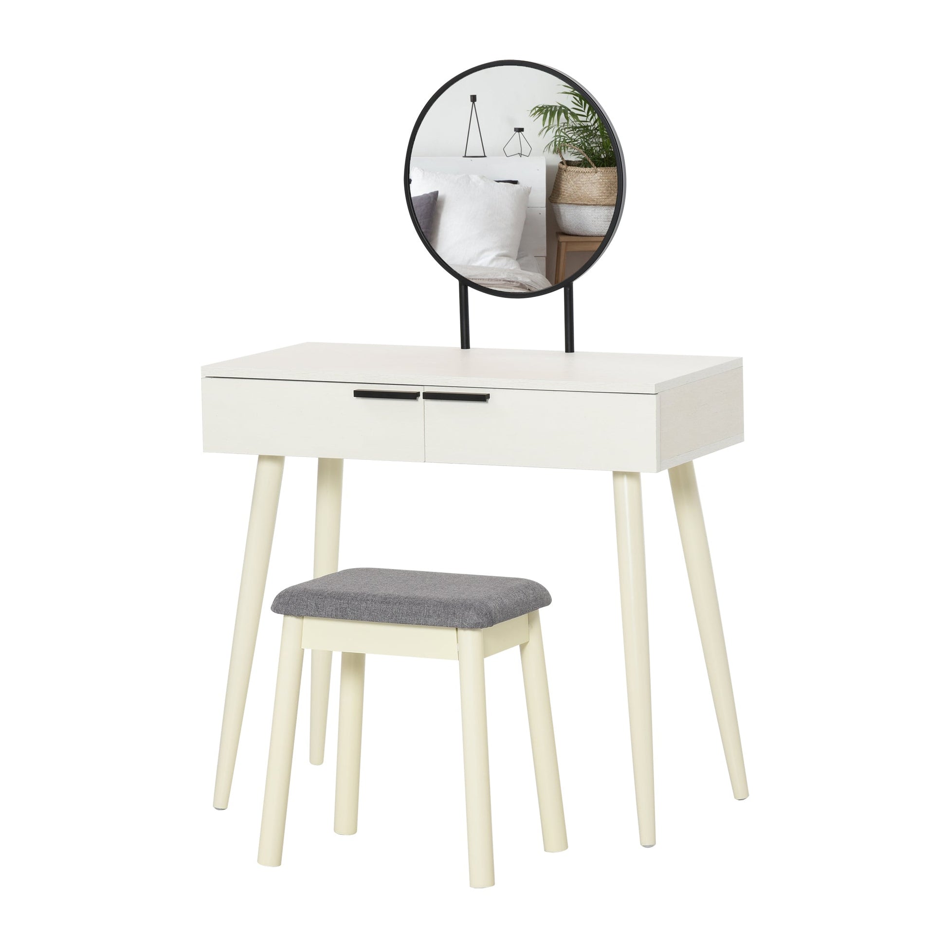 HOMCOM Dressing Table with Mirror and Stool, Vanity Makeup Desk Set with 2 Drawers, Cushioned Stool and Make-up Organizer for Bedroom and Dressing Room, White