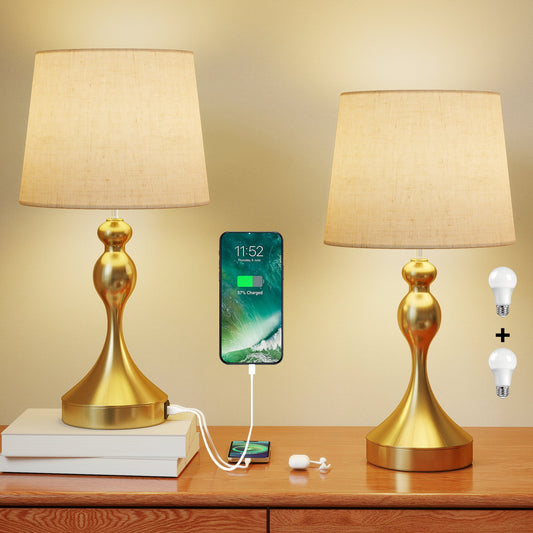 Dimmable Bedside Lamps Set of 2, Modern Table Lamps with 3 Colour Temperatures, USB A+C Charging Ports and Linen Shade for Living Room Bedroom Office, Gold Tone