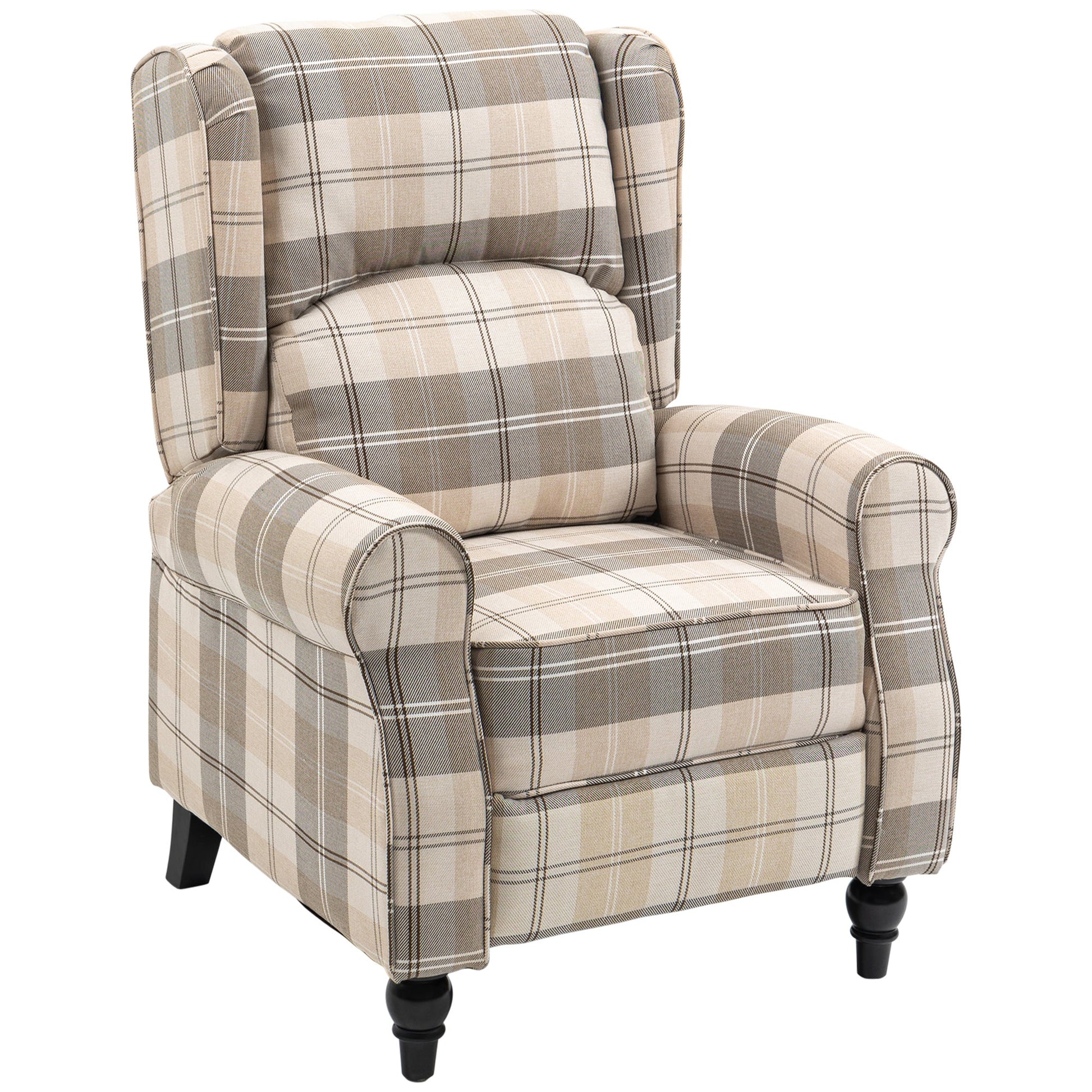 HOMCOM Wingback Recliner Armchair for Living Room, Pushback Reclining Chair with Round Armrests, Footrest and Rubber Wood Legs, Khaki