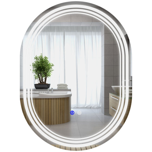 kleankin Bathroom Mirror with LED Lights, 70 x 50cm Dimmable Makeup Mirror with 3 Colour Light, Anti-fog, Memory Function, Touch Switch, Vertical or Horizontal Mounted
