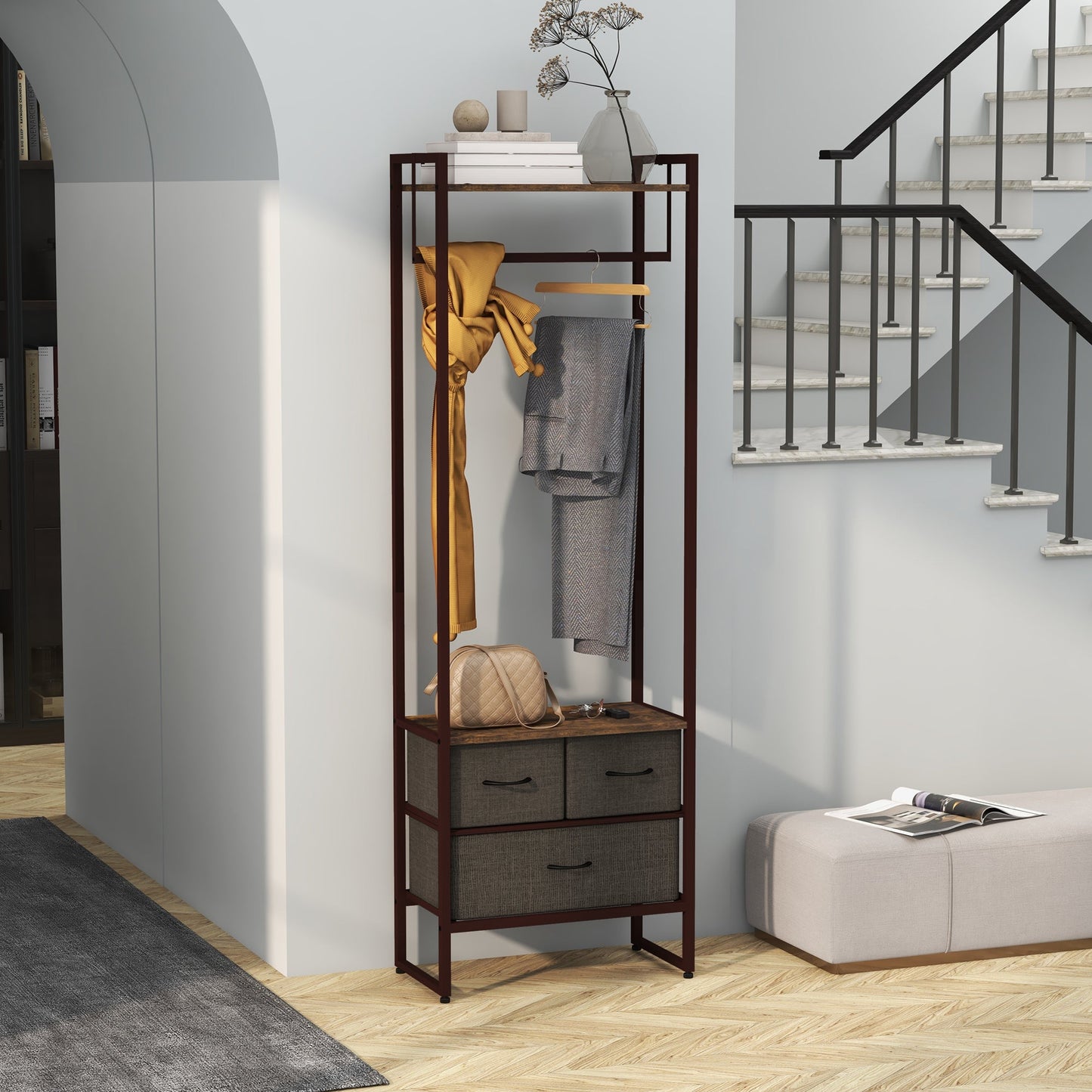 Free Standing Clothes Rail with 3 Fabric Drawers and Storage Shelves, Garment Rack, Hanging Rail for Hallway, Bedroom and Living Room, Rustic Brown