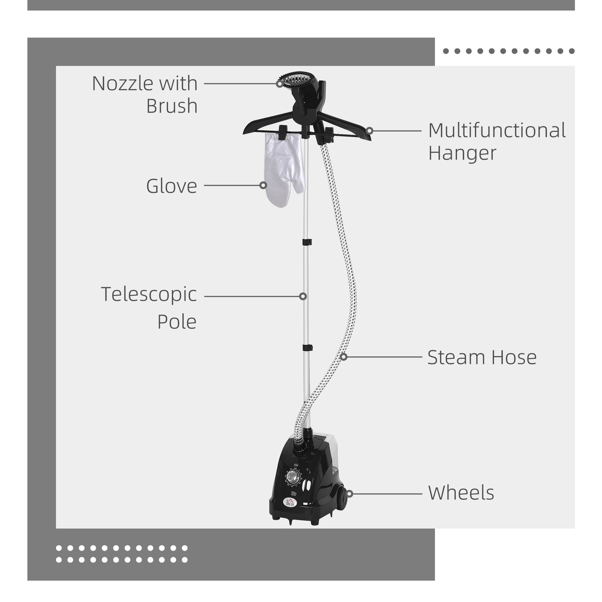 Clothes Steamer, Fabric Garment Steamer for Hanging, with Adjustable Telescopic Pole 41-110 cm, 1.4L, 1950W, 11 Level Steam Adjustment, Black