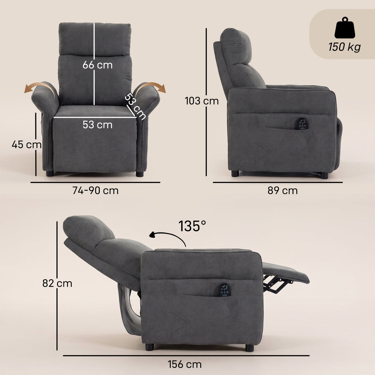 Recliner Armchair, Push Back Recliner Chair with Massage & Heat, Adjustable Armrests, Terry Cloth Manual Reclining Single Sofa with Footrest, Dual Side Pockets for Home Living Room, Dark Grey