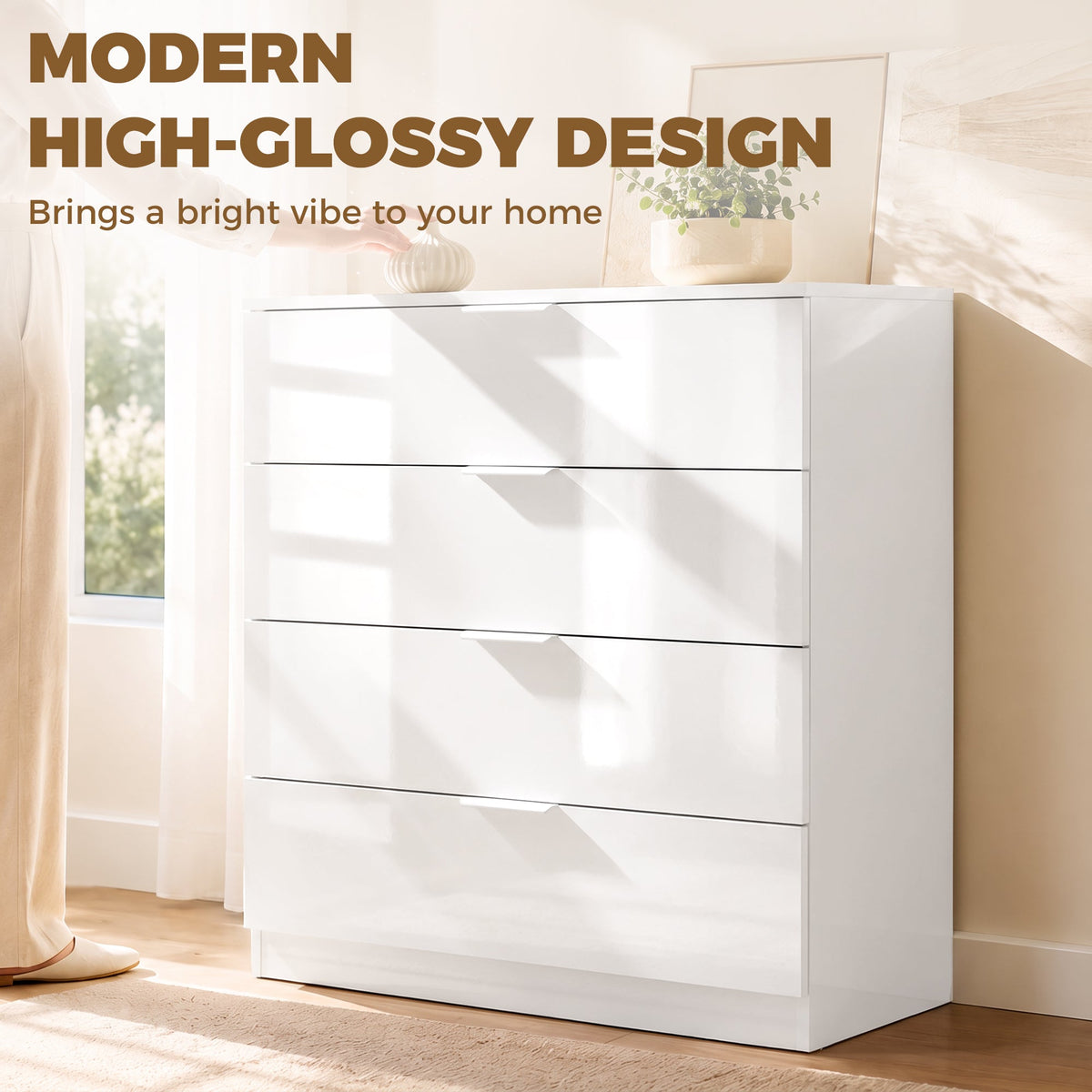 High Gloss Chest of Drawers with 4 Drawers, Modern Space-Saving Bedroom Storage Unit with Smooth Runners, Wooden Cupboard for Living Room, Office, Hallway, 70 x 34 x 79 cm, White