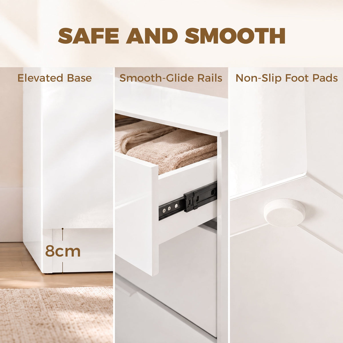 High Gloss Chest of Drawers with 4 Drawers, Modern Space-Saving Bedroom Storage Unit with Smooth Runners, Wooden Cupboard for Living Room, Office, Hallway, 70 x 34 x 79 cm, White