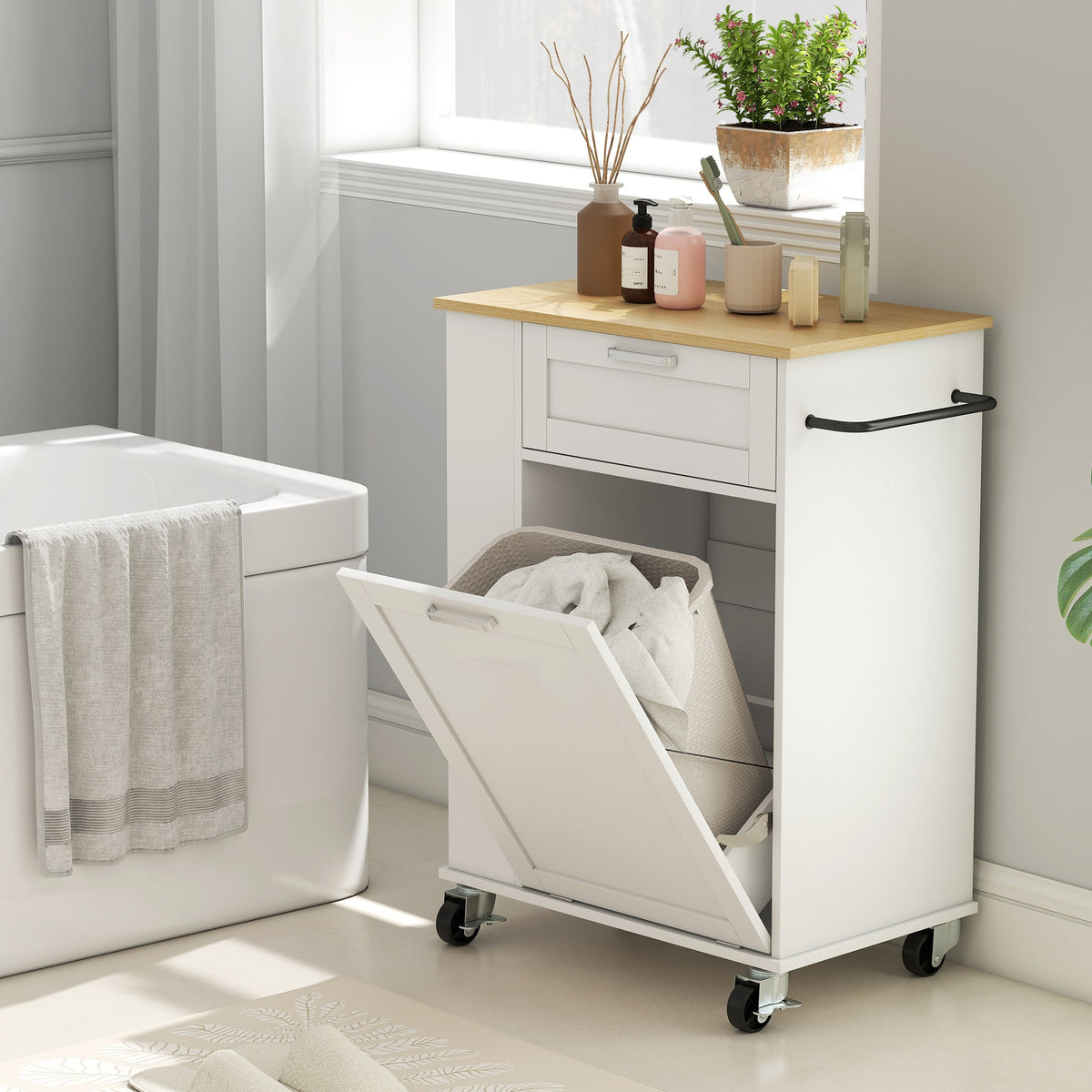 Kitchen Storage Trolley on Wheels, Rolling Kitchen Island with Drawer, Tilt-Out Rubbish Cabinet, 3-Tier Side Racks and Towel Rail for Dining Room, White