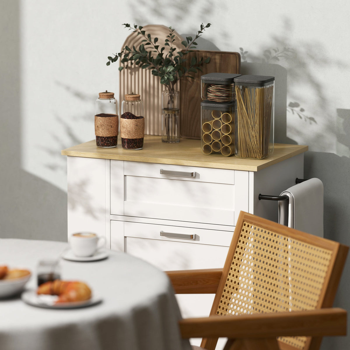 Kitchen Storage Trolley on Wheels, Rolling Kitchen Island with Drawer, Tilt-Out Rubbish Cabinet, 3-Tier Side Racks and Towel Rail for Dining Room, White