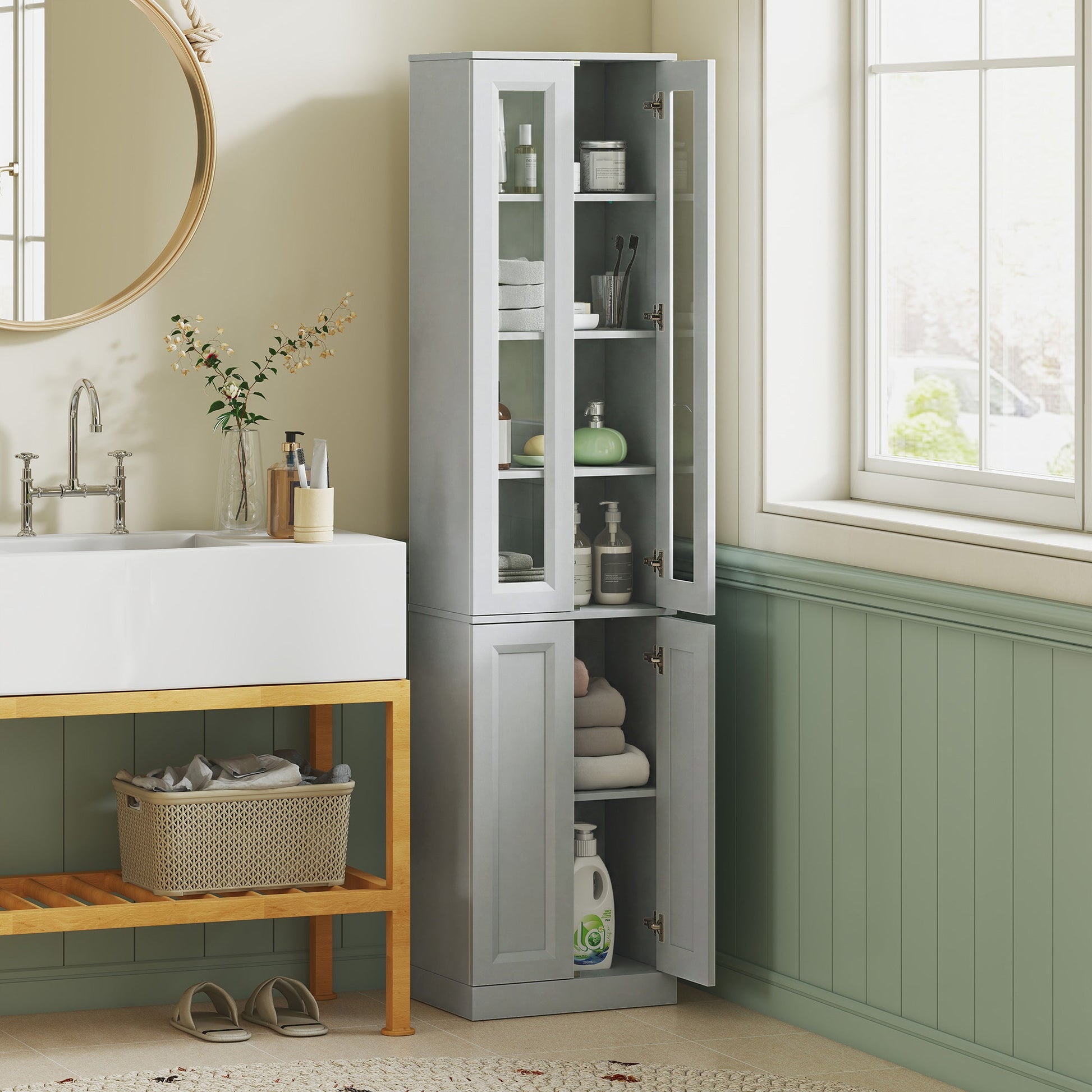 Tall Bathroom Storage Cabinet, 6-Tier Slim Freestanding Bathroom Cabinet with Adjustable Shelf, 4 Soft-Close Doors, Storage Unit for Small Space, 38 x 26 x 160 cm, Dusty Blue