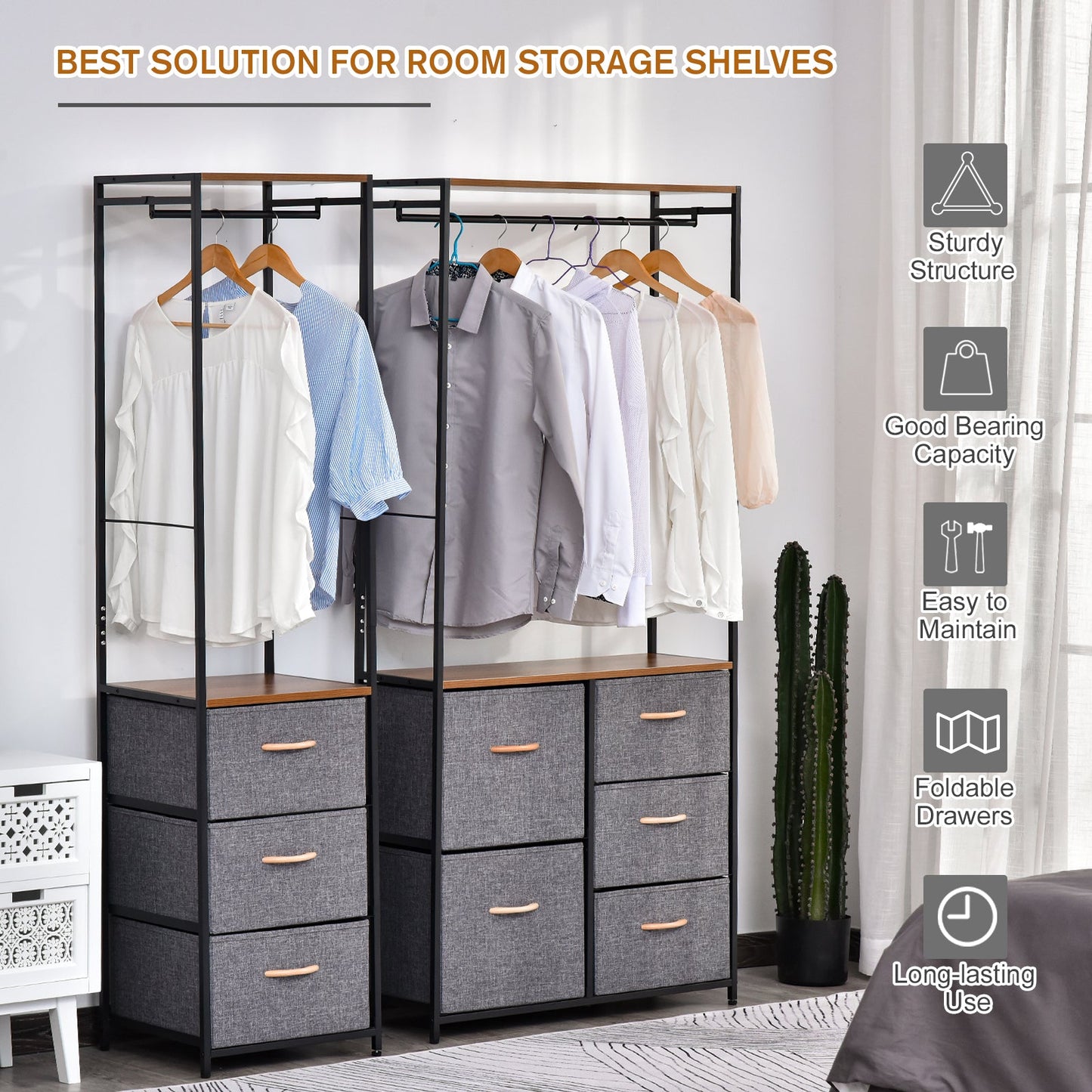Chest of Drawers with Coat rack Steel Frame 5 Drawers  Bedroom Hallway Home Furniture Black Brown