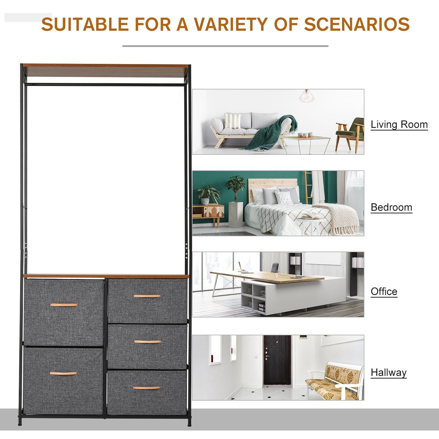 Chest of Drawers with Coat rack Steel Frame 5 Drawers  Bedroom Hallway Home Furniture Black Brown