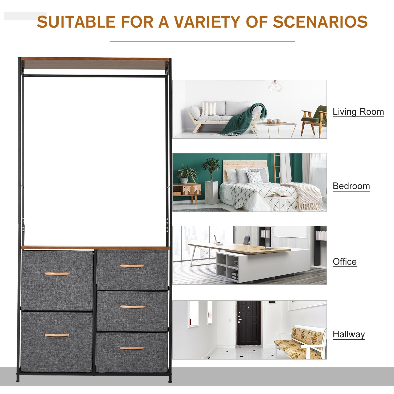 Chest of Drawers with Coat rack Steel Frame 5 Drawers  Bedroom Hallway Home Furniture Black Brown