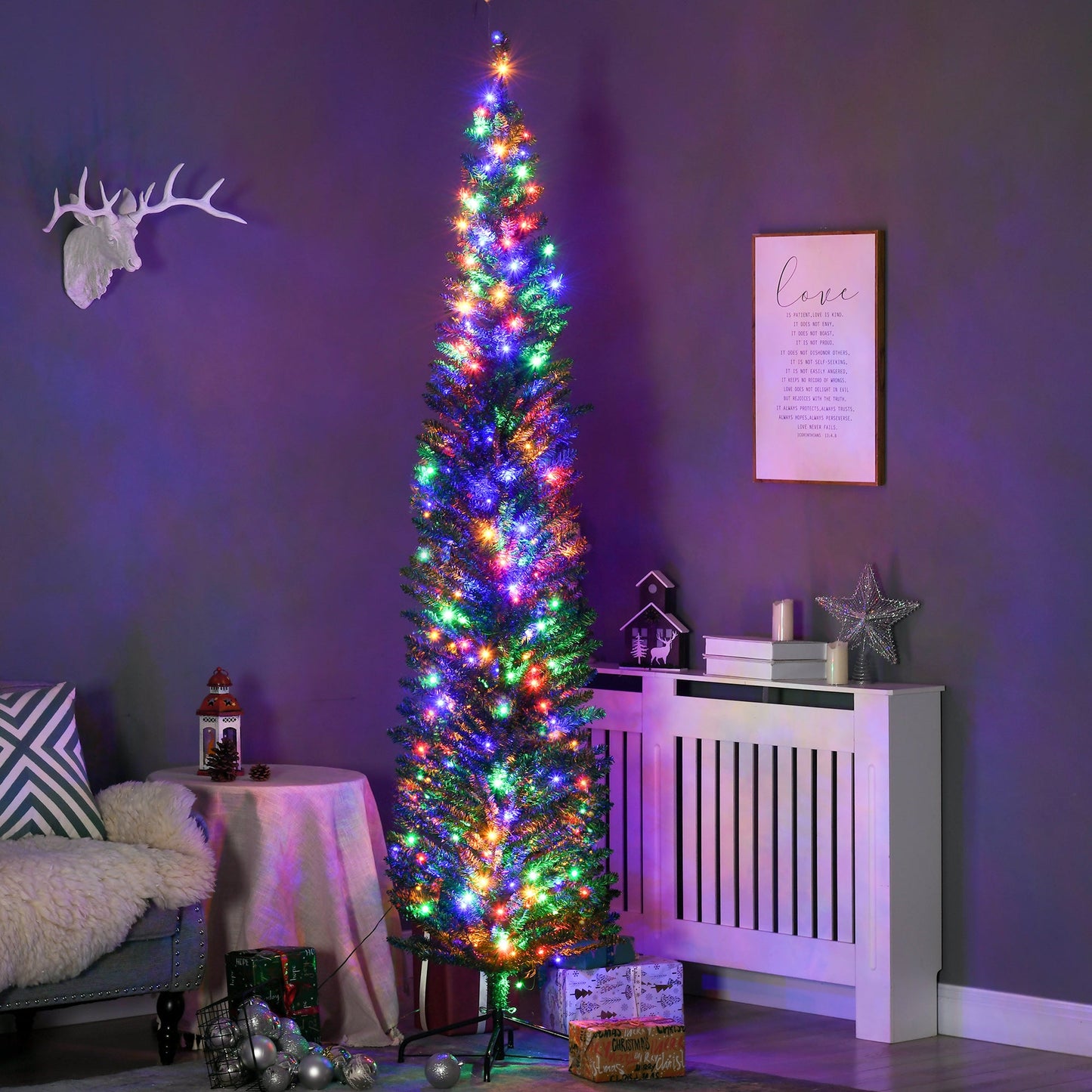 7.5ft Pre Lit Artificial Christmas Tree Holiday Décor with 200 Colourful LED Lights and 529 Tips, Pencil Shape, Steel Base