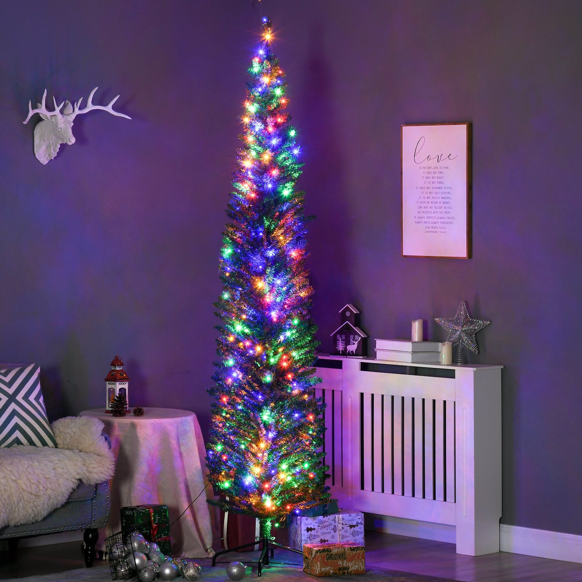 7.5ft Pre Lit Artificial Christmas Tree Holiday Décor with 200 Colourful LED Lights and 529 Tips, Pencil Shape, Steel Base