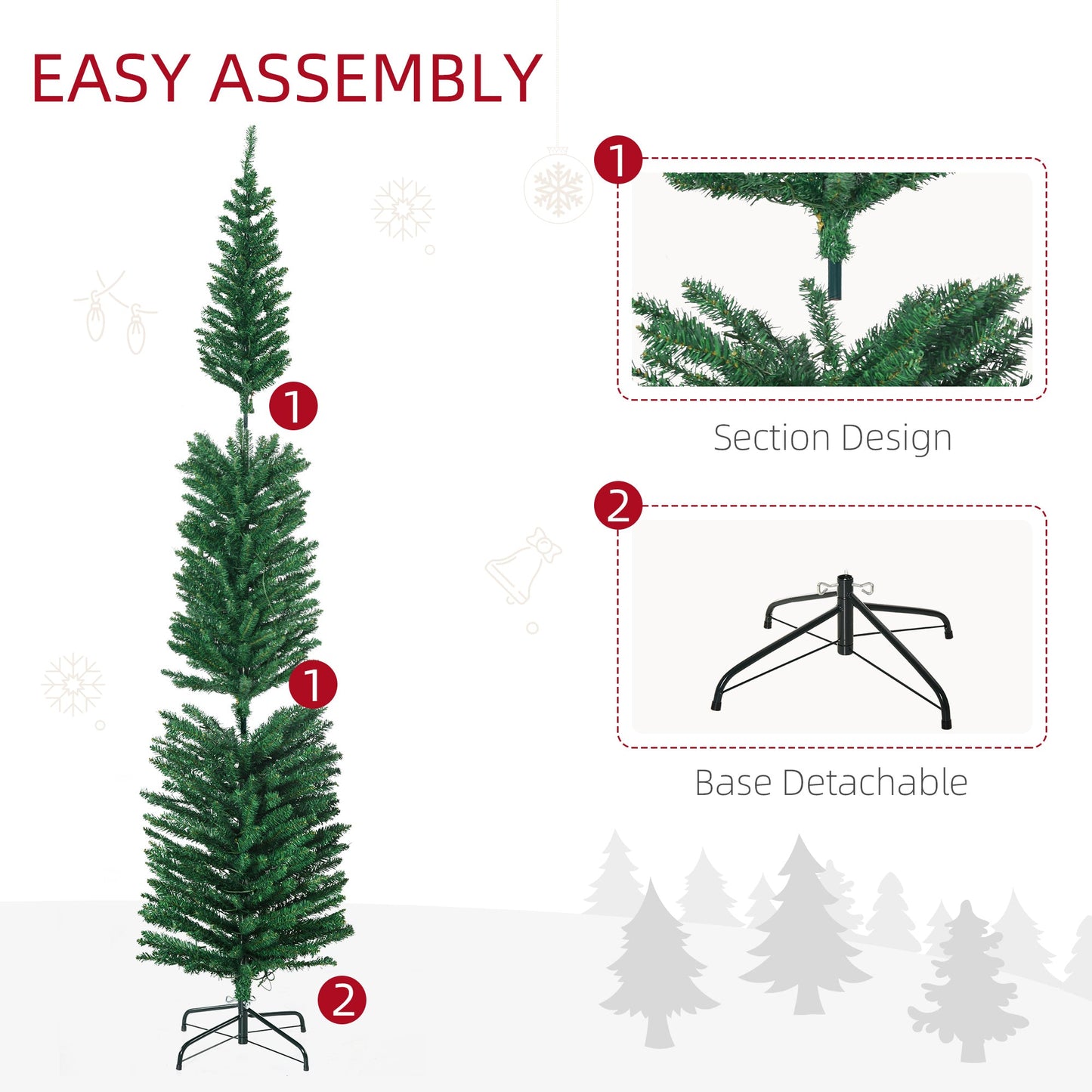 7.5ft Pre Lit Artificial Christmas Tree Holiday Décor with 200 Colourful LED Lights and 529 Tips, Pencil Shape, Steel Base