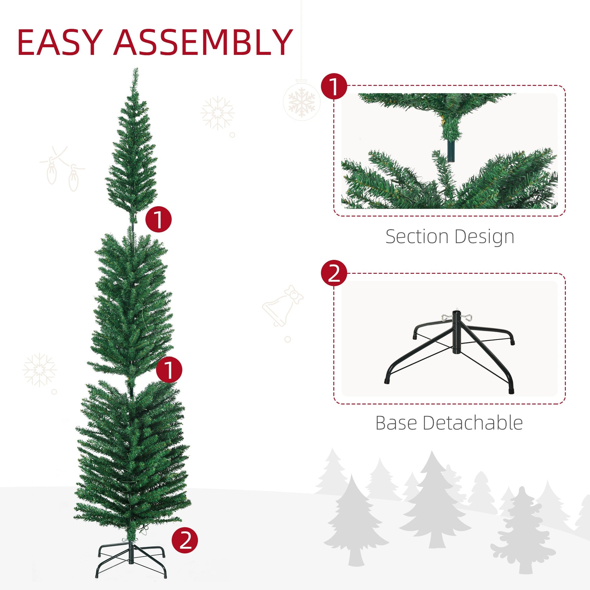 7.5ft Pre Lit Artificial Christmas Tree Holiday Décor with 200 Colourful LED Lights and 529 Tips, Pencil Shape, Steel Base