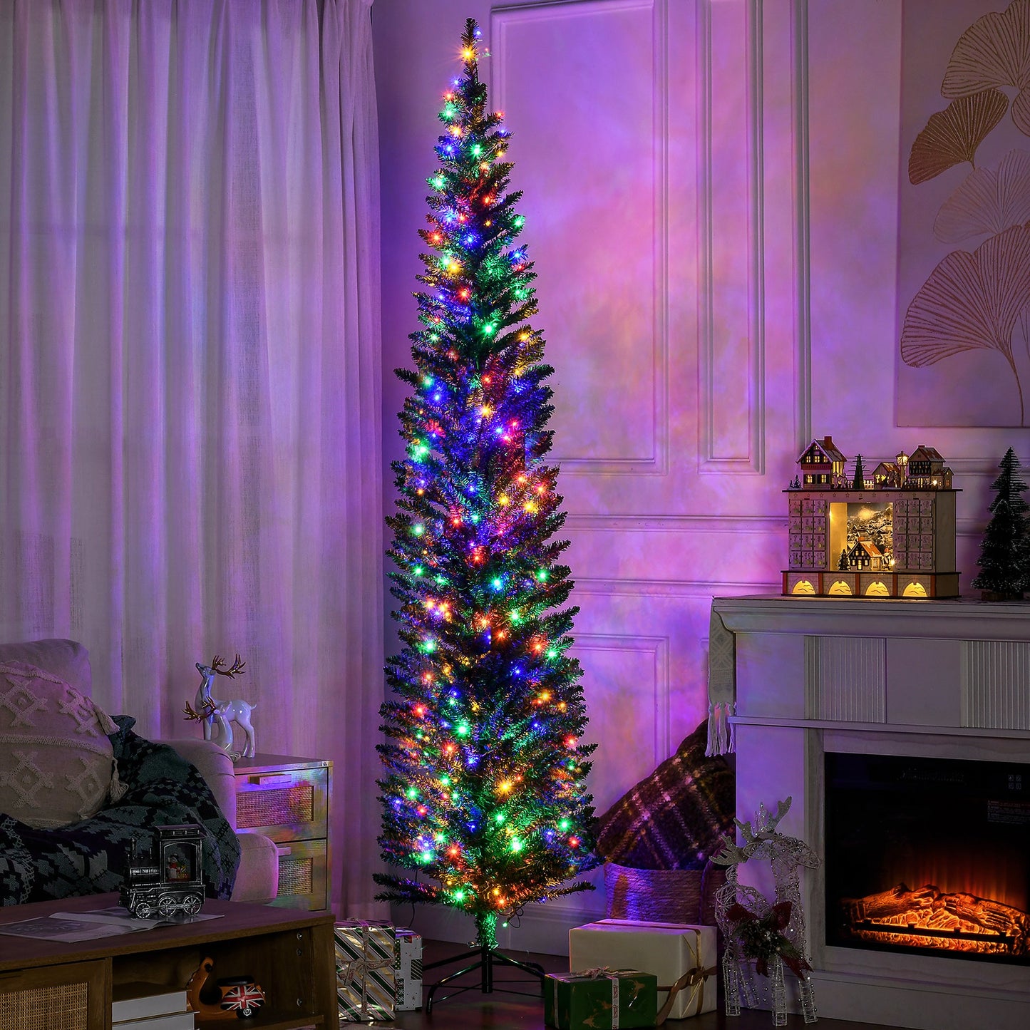 7.5ft Pre Lit Artificial Christmas Tree Holiday Décor with 200 Colourful LED Lights and 529 Tips, Pencil Shape, Steel Base
