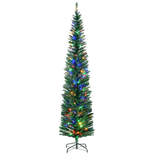 7.5ft Pre Lit Artificial Christmas Tree Holiday Décor with 200 Colourful LED Lights and 529 Tips, Pencil Shape, Steel Base