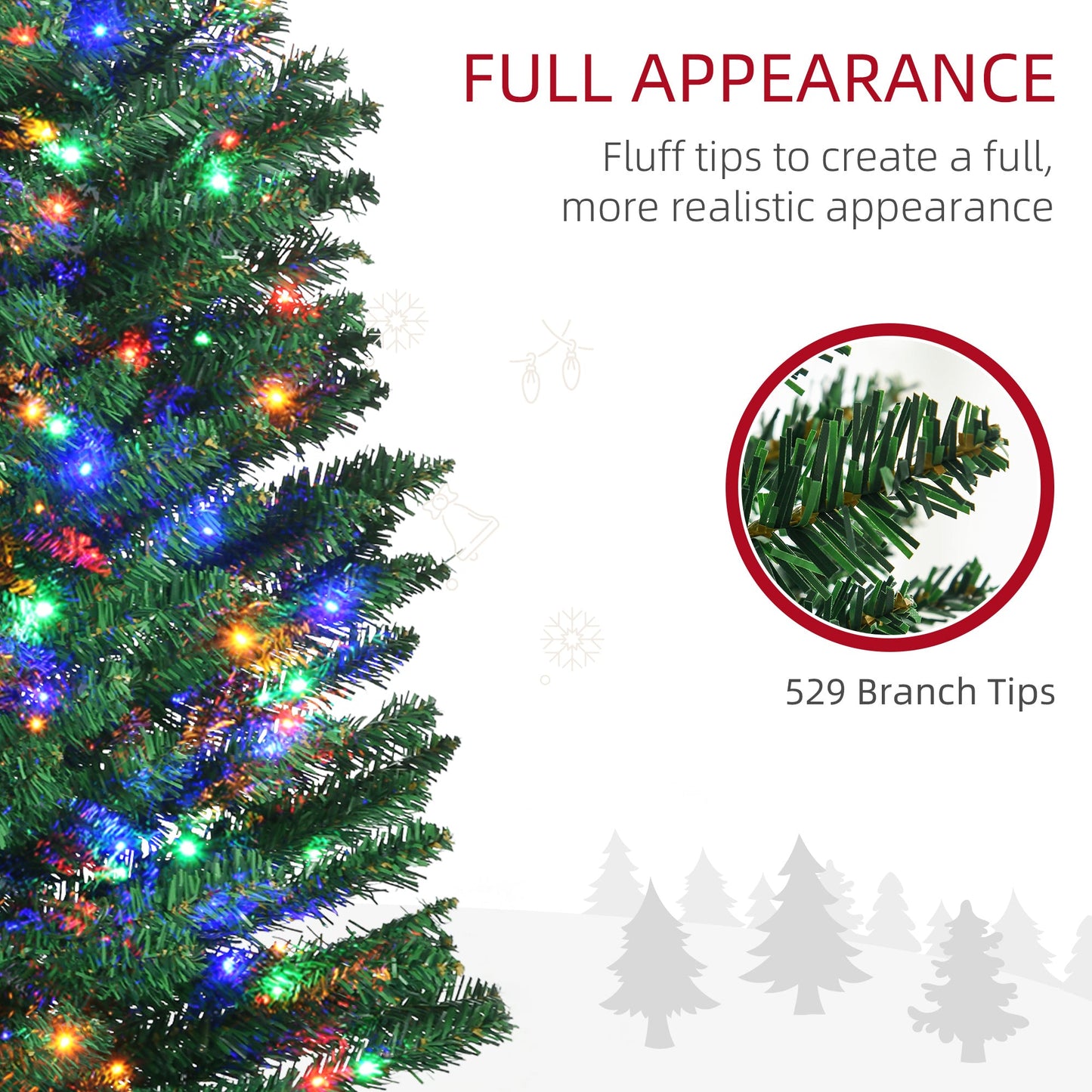 7.5ft Pre Lit Artificial Christmas Tree Holiday Décor with 200 Colourful LED Lights and 529 Tips, Pencil Shape, Steel Base