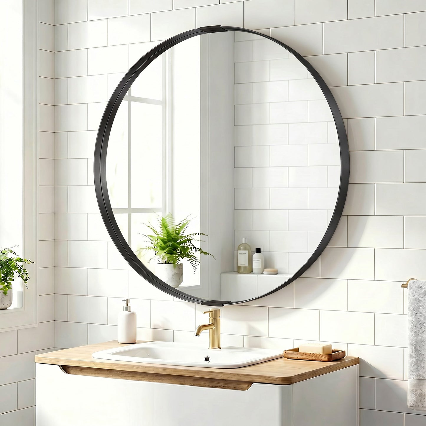 Round Wall Mirror 61 cm, Wall Mounted Bathroom Mirror with Tempered Safety Glass and Aluminium Alloy Frame for Living Room, Bedroom, Entryway, Home, Black